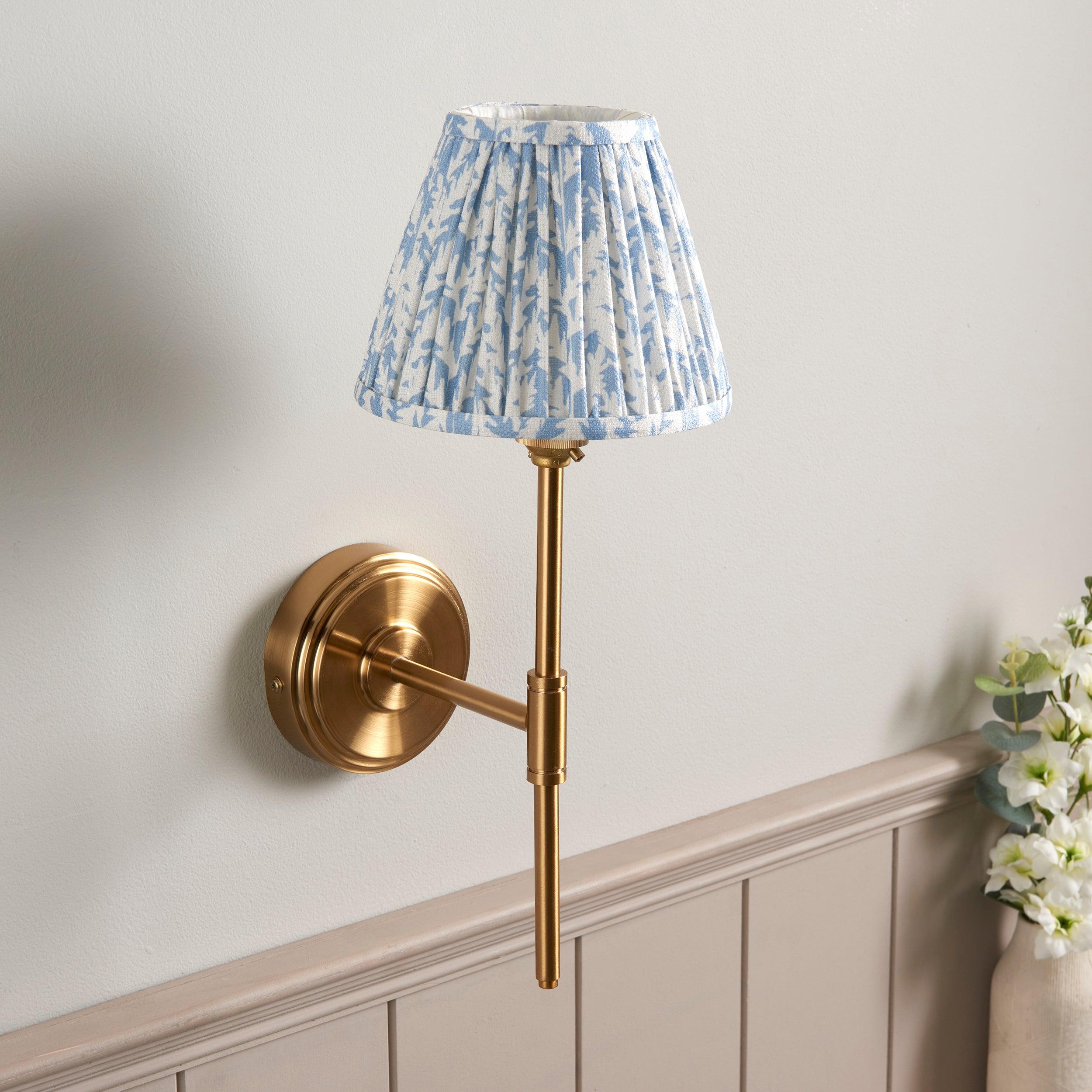 Step T Bar Brass Wall Light & Leaf 16cm Shell Bay Blue Shade
