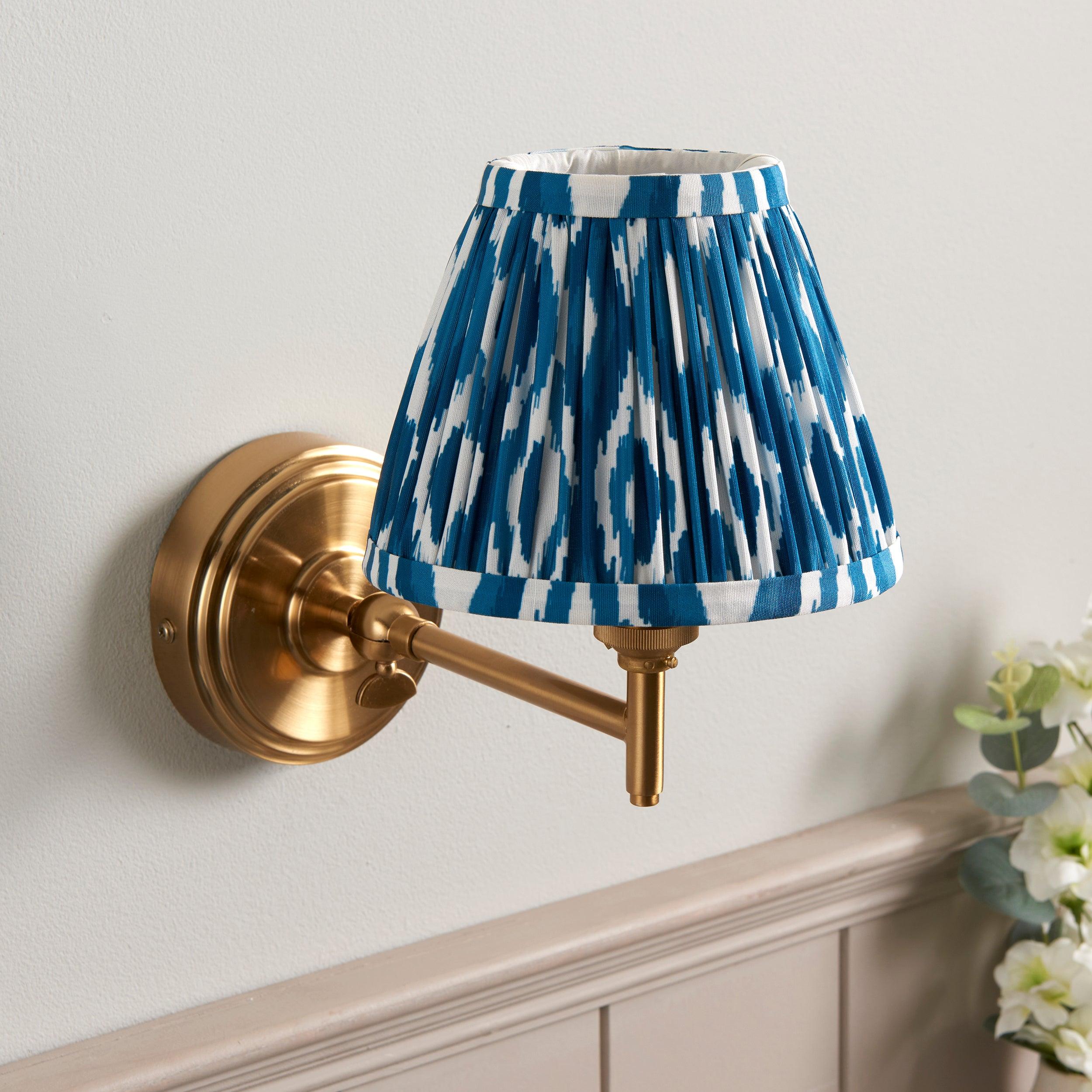 Step Fold Brass Wall Light & Ikat 16cm Marlin Blue Shade