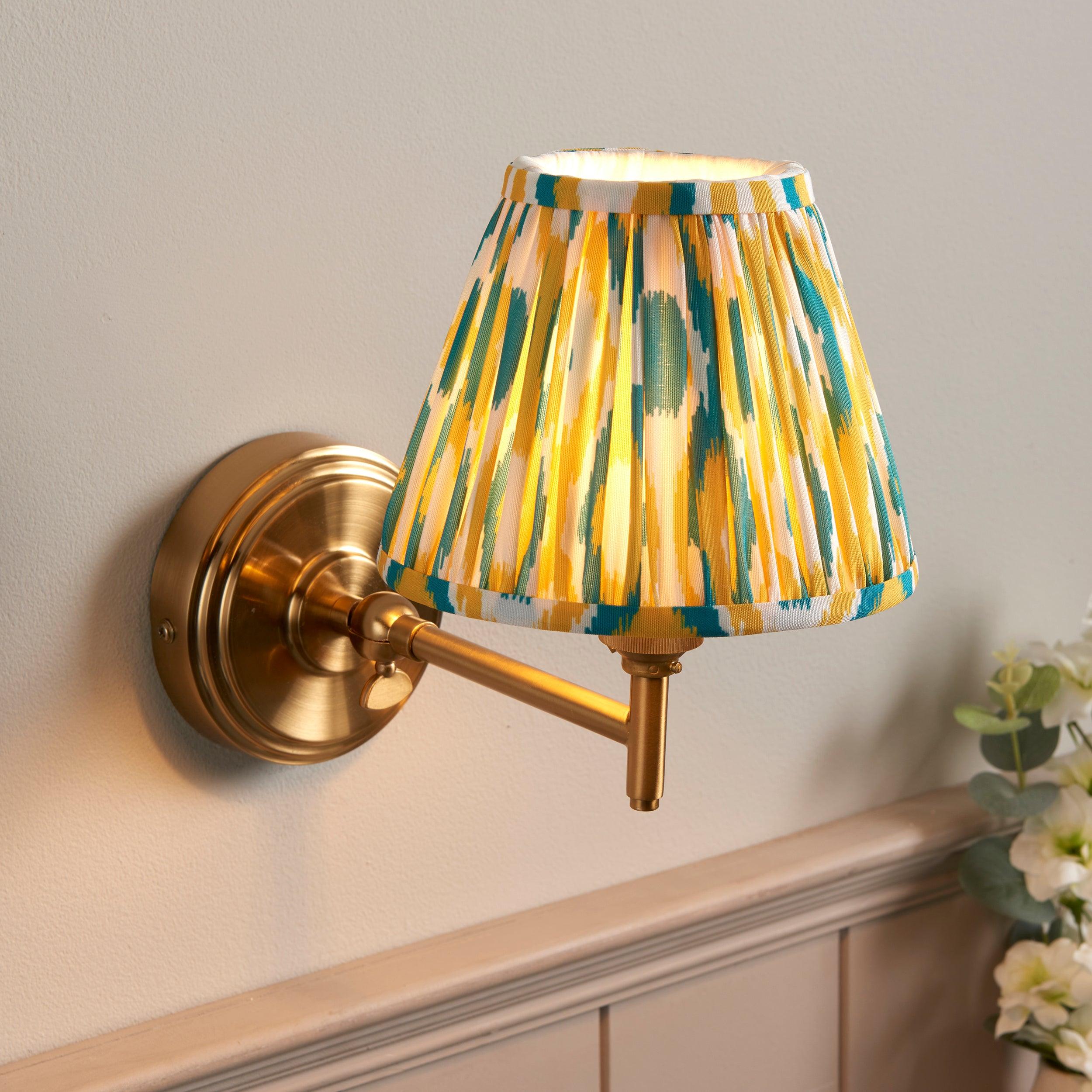 Step Fold Brass Wall Light & Ikat 16cm Yellow & Jade Shade