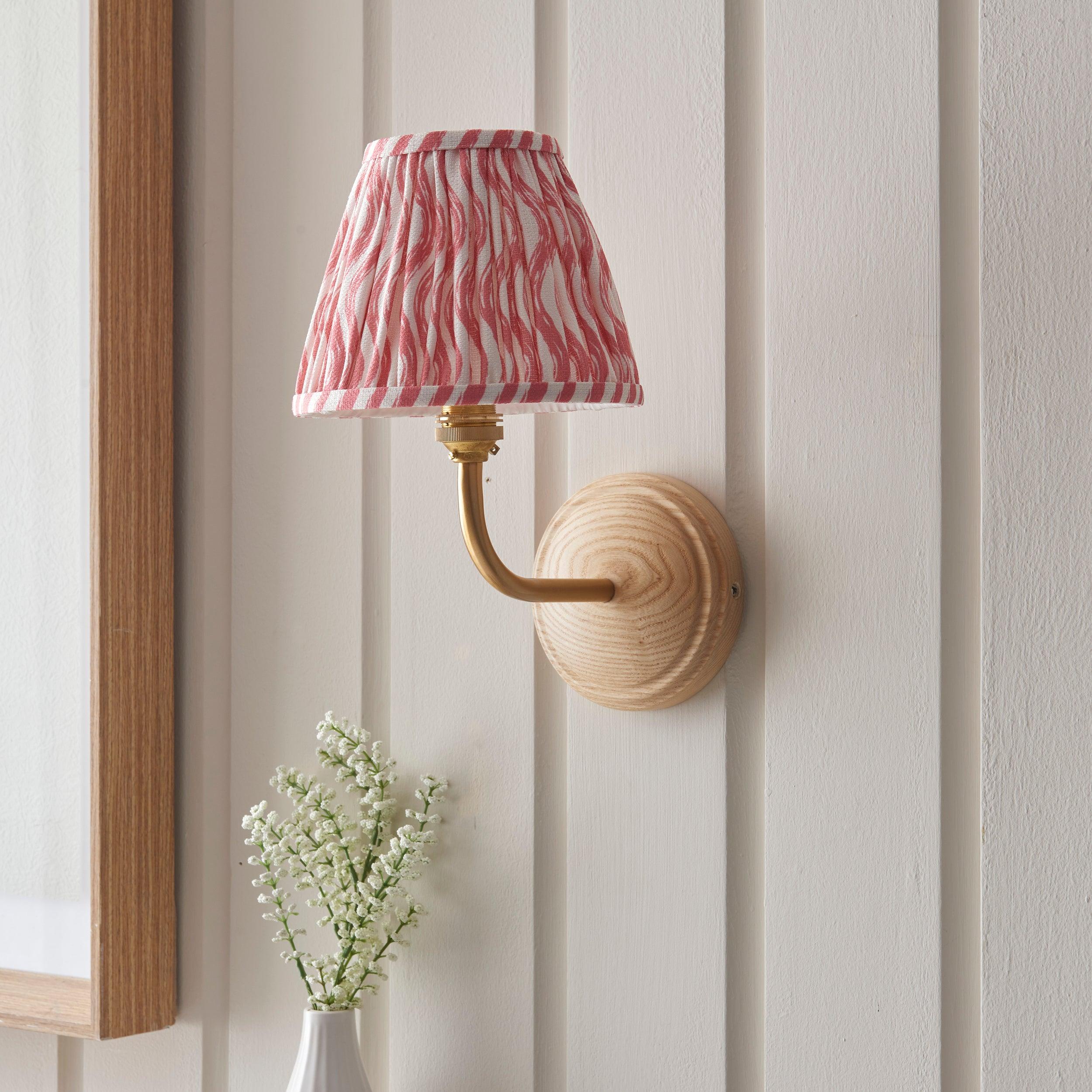 Wood Arc Wall Light & Ripple 16cm Coral Pink Shade