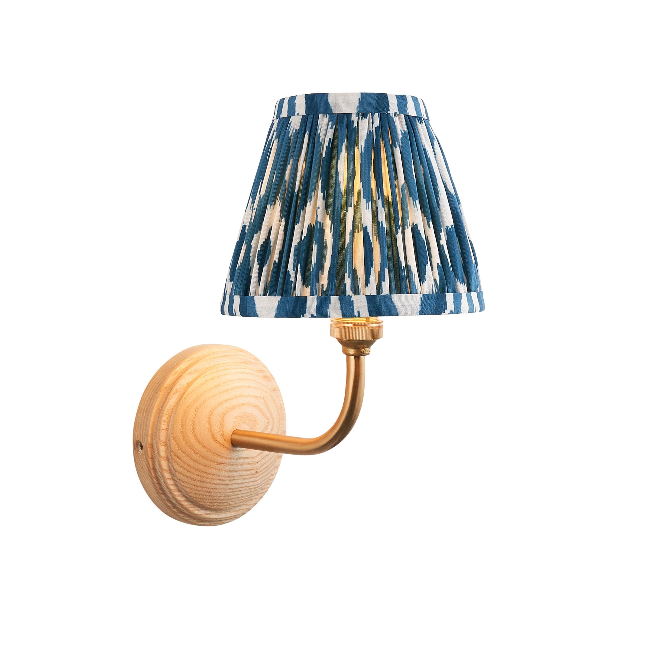 Wood Arc Wall Light & Ikat 16cm Marlin Blue Shade
