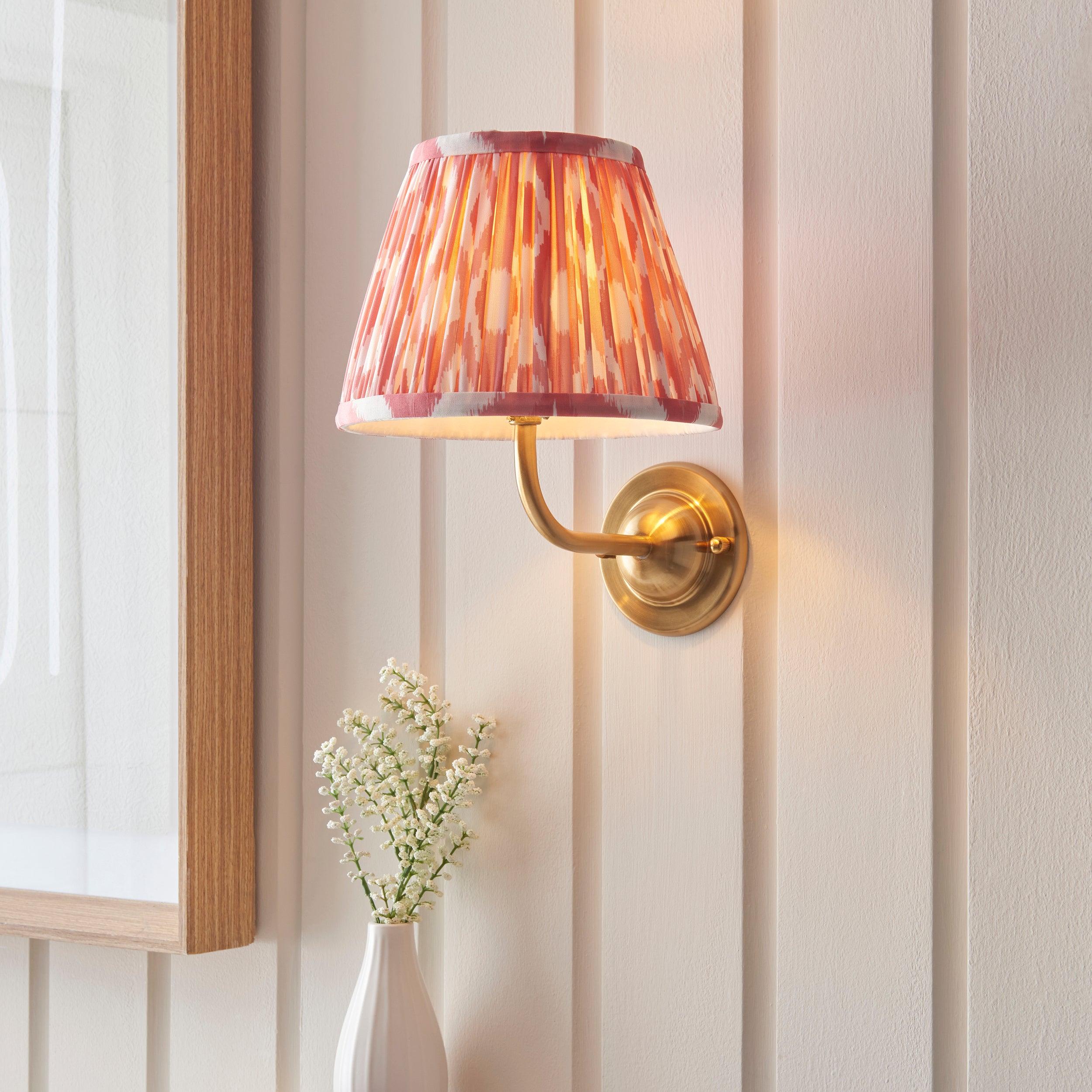 Dome Arc Brass Wall Light & Ikat 20cm Coral Pink Shade