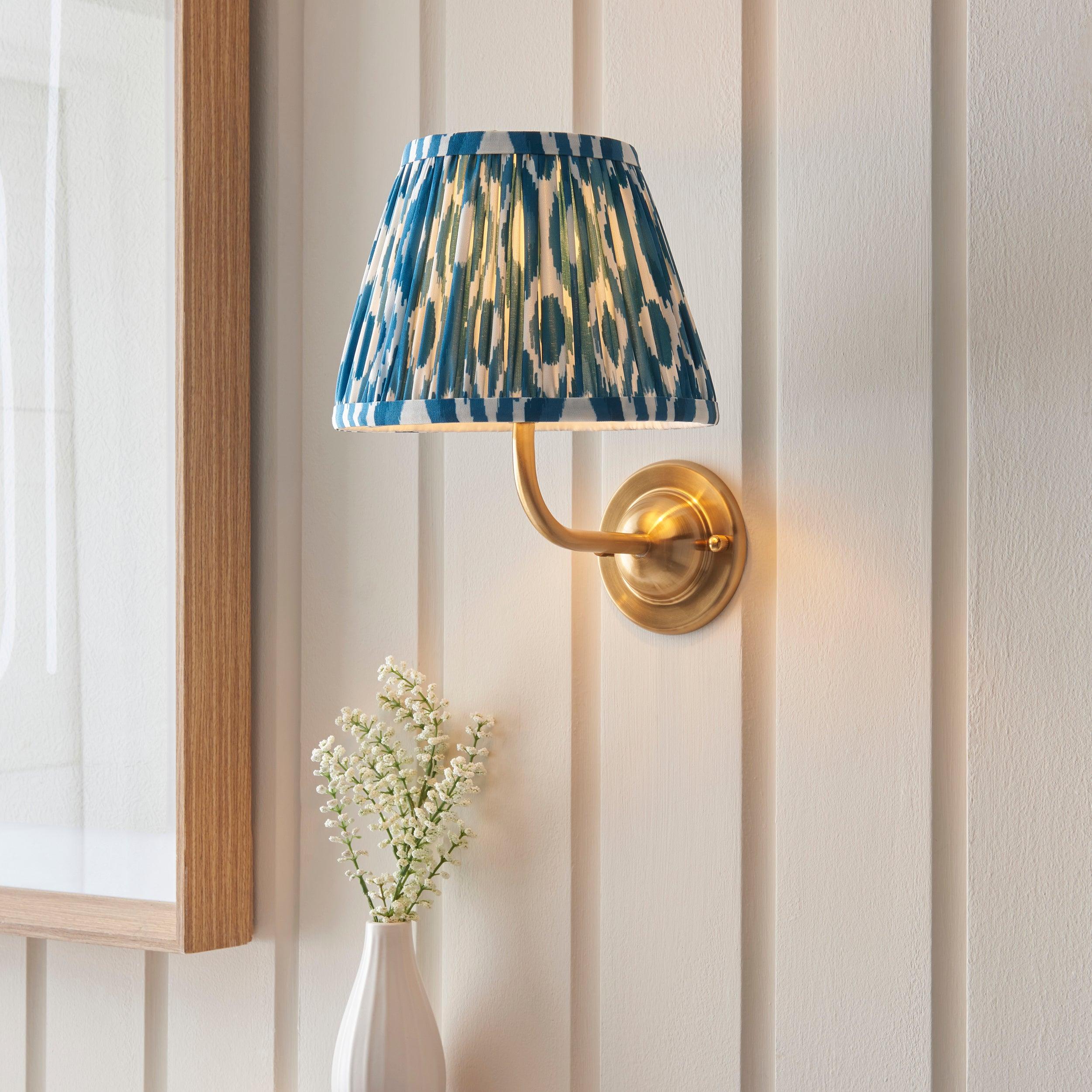 Dome Arc Brass Wall Light & Ikat 20cm Marlin Blue Shade