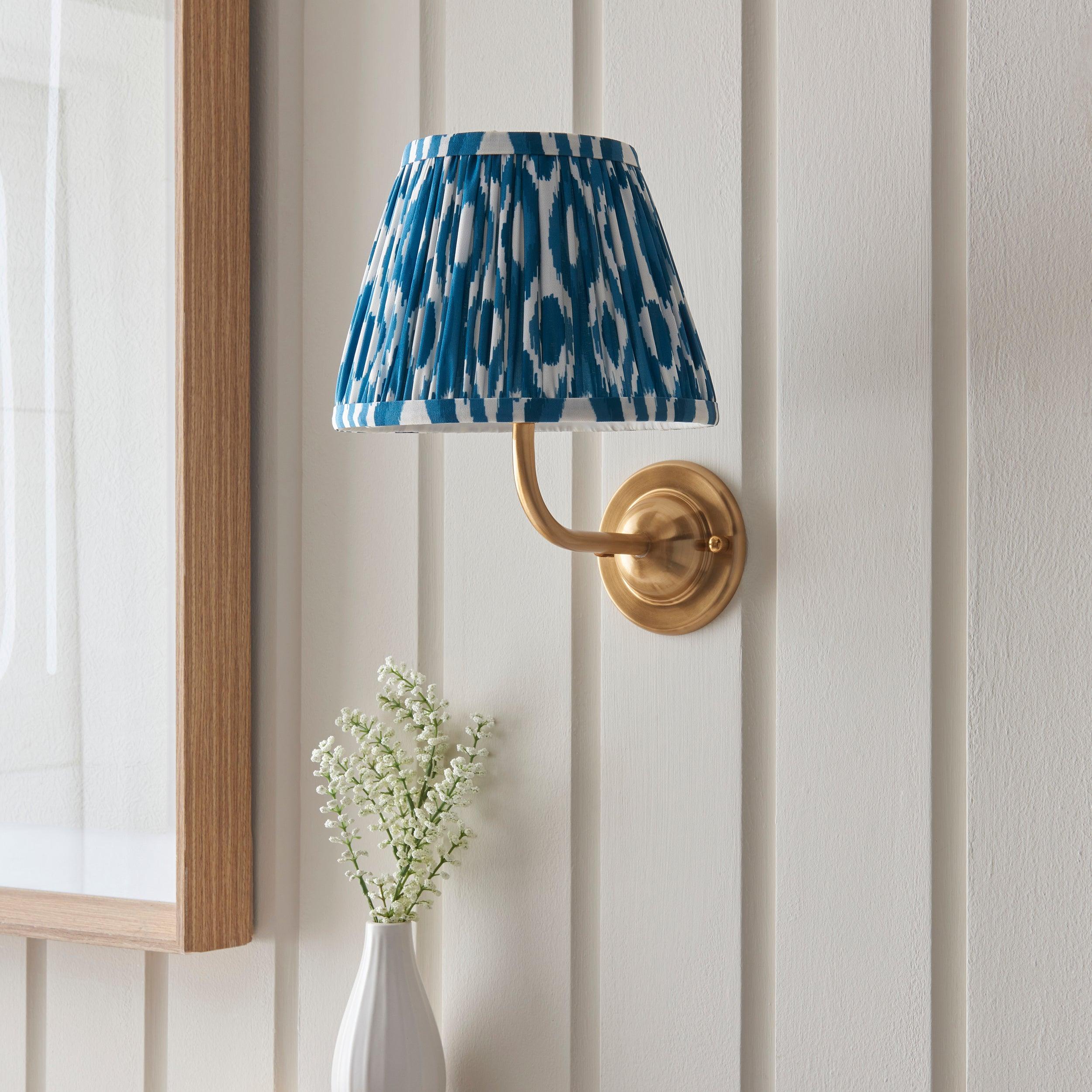 Dome Arc Brass Wall Light & Ikat 20cm Marlin Blue Shade