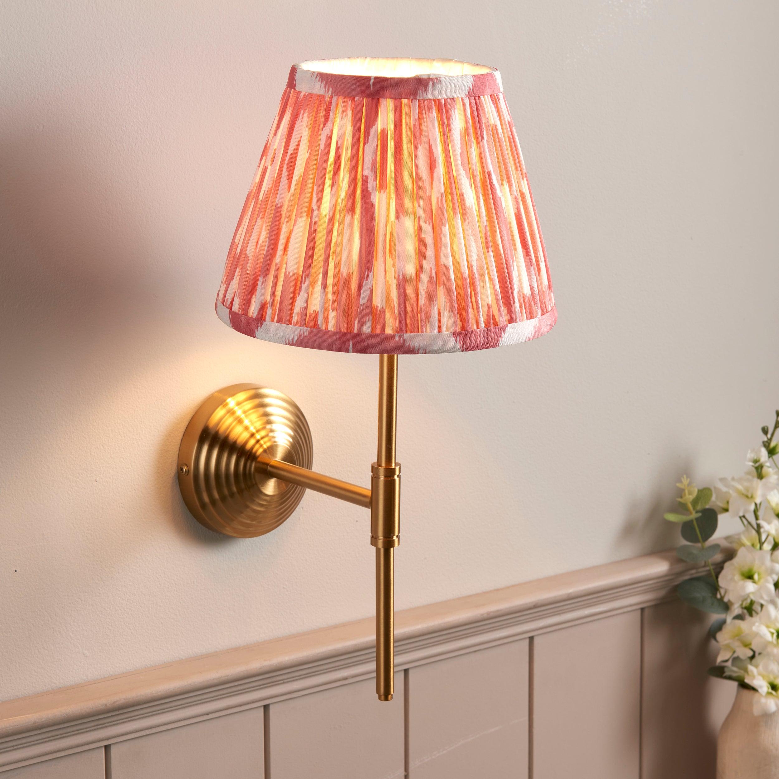 Obelisk Brass Wall Light T Bar & Ikat 20cm Coral Pink Shade