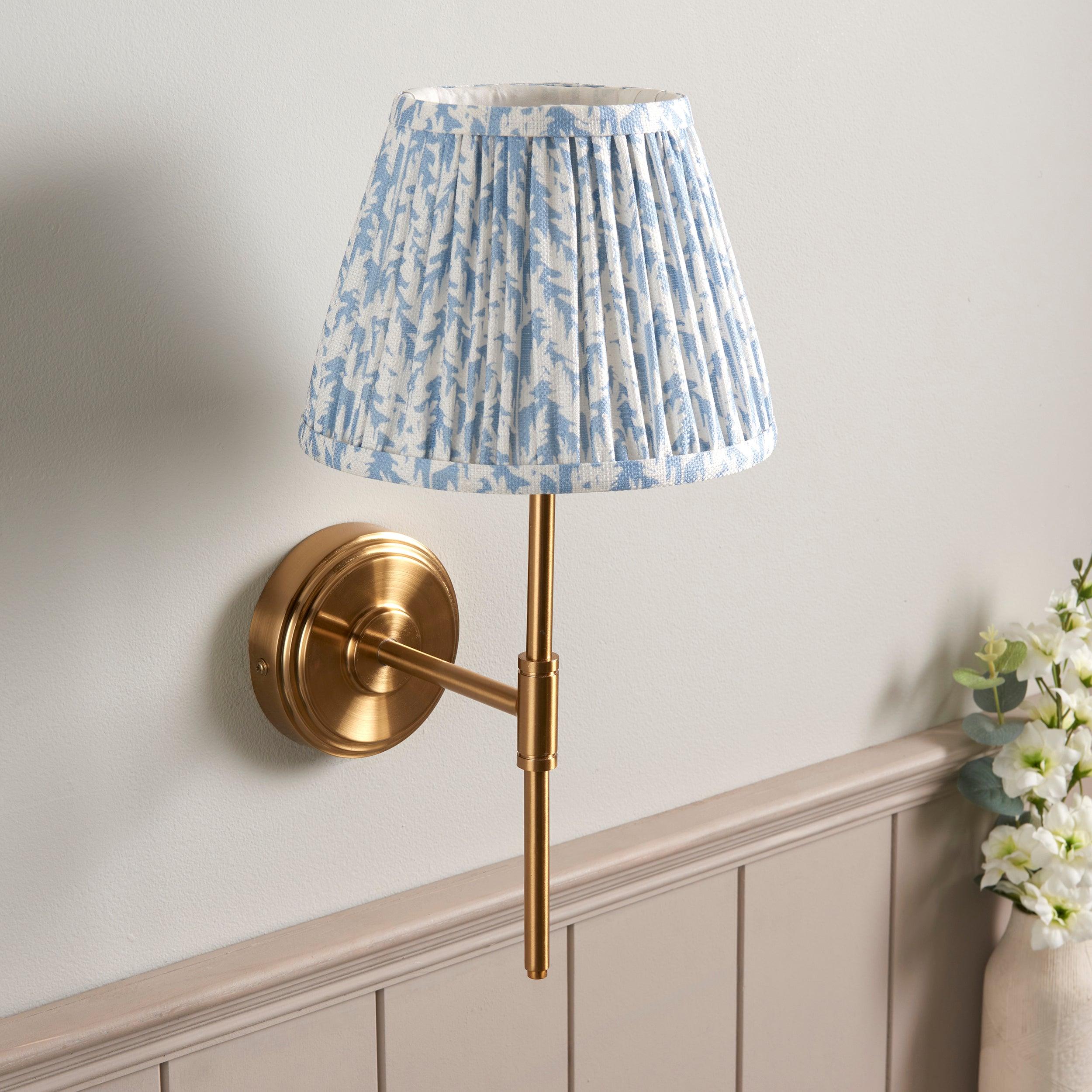Step T Bar Brass Wall Light & Leaf 20cm Shell Bay Blue Shade