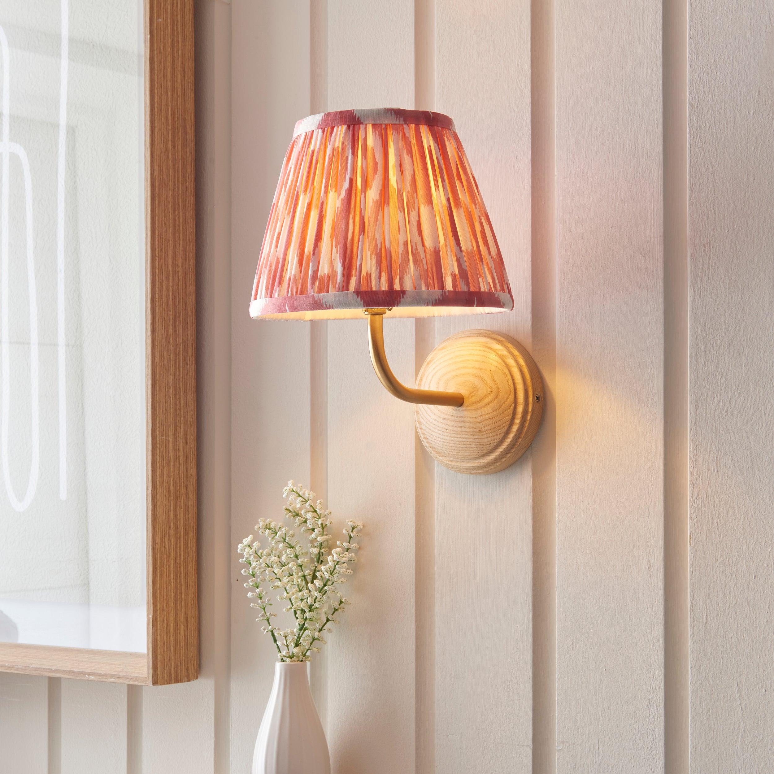 Wood Arc Wooden Wall Light & Ikat 20cm Coral Pink Shade