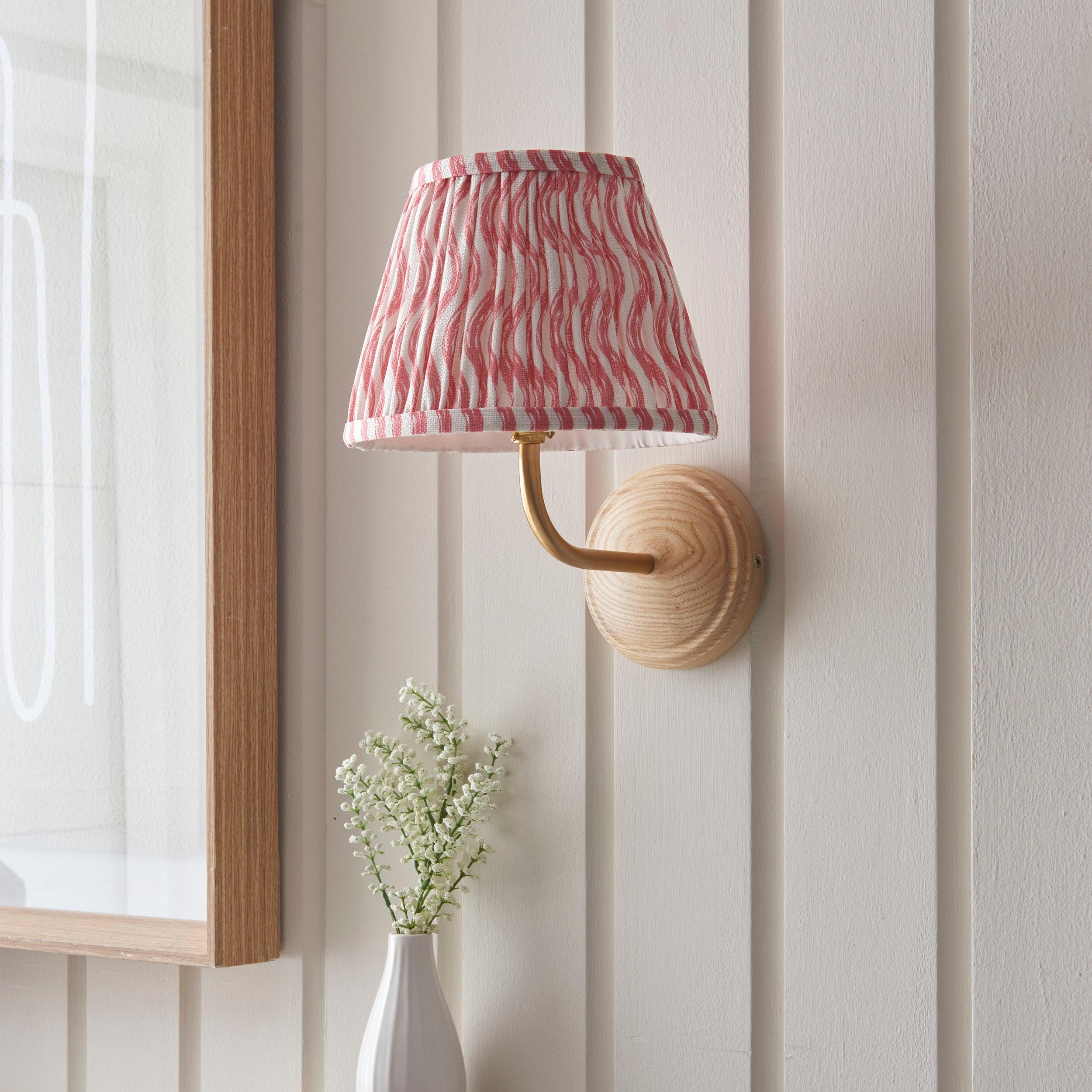 Wood Arc Wooden Wall Light & Ripple 20cm Coral Pink Shade