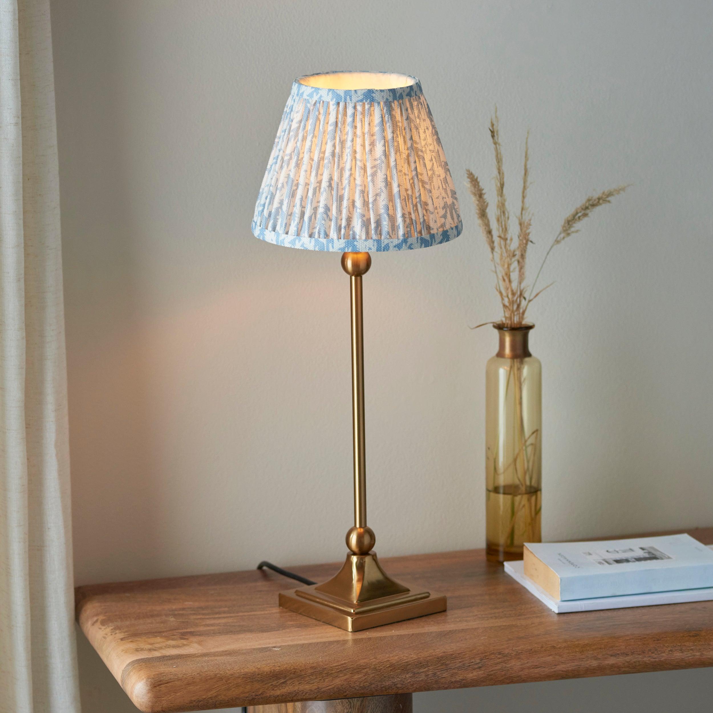 Santiago Small Brass Table Lamp With Blue Leaf Shade