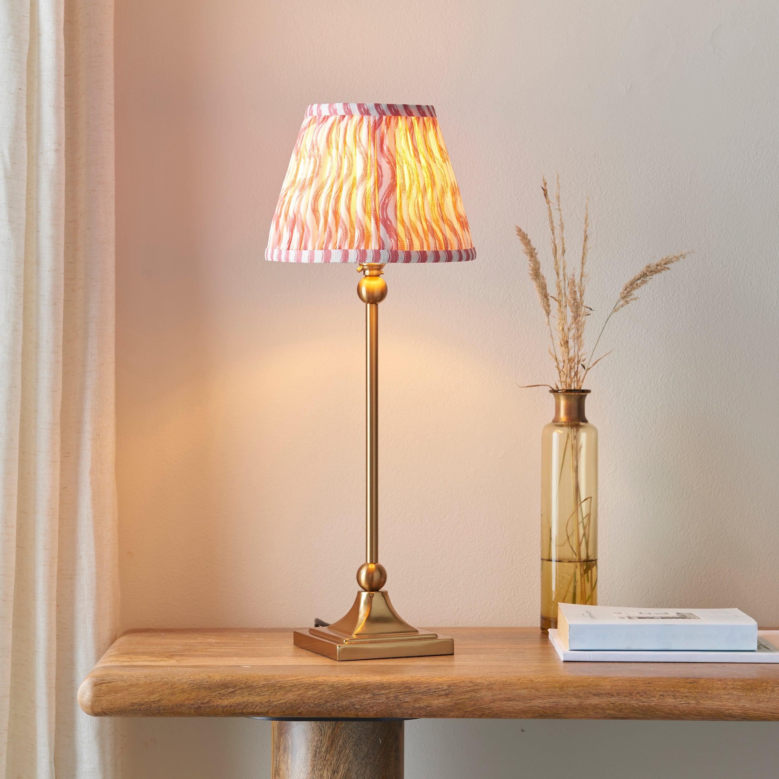 Santiago Small Brass Table Lamp With Pink Ripple Shade