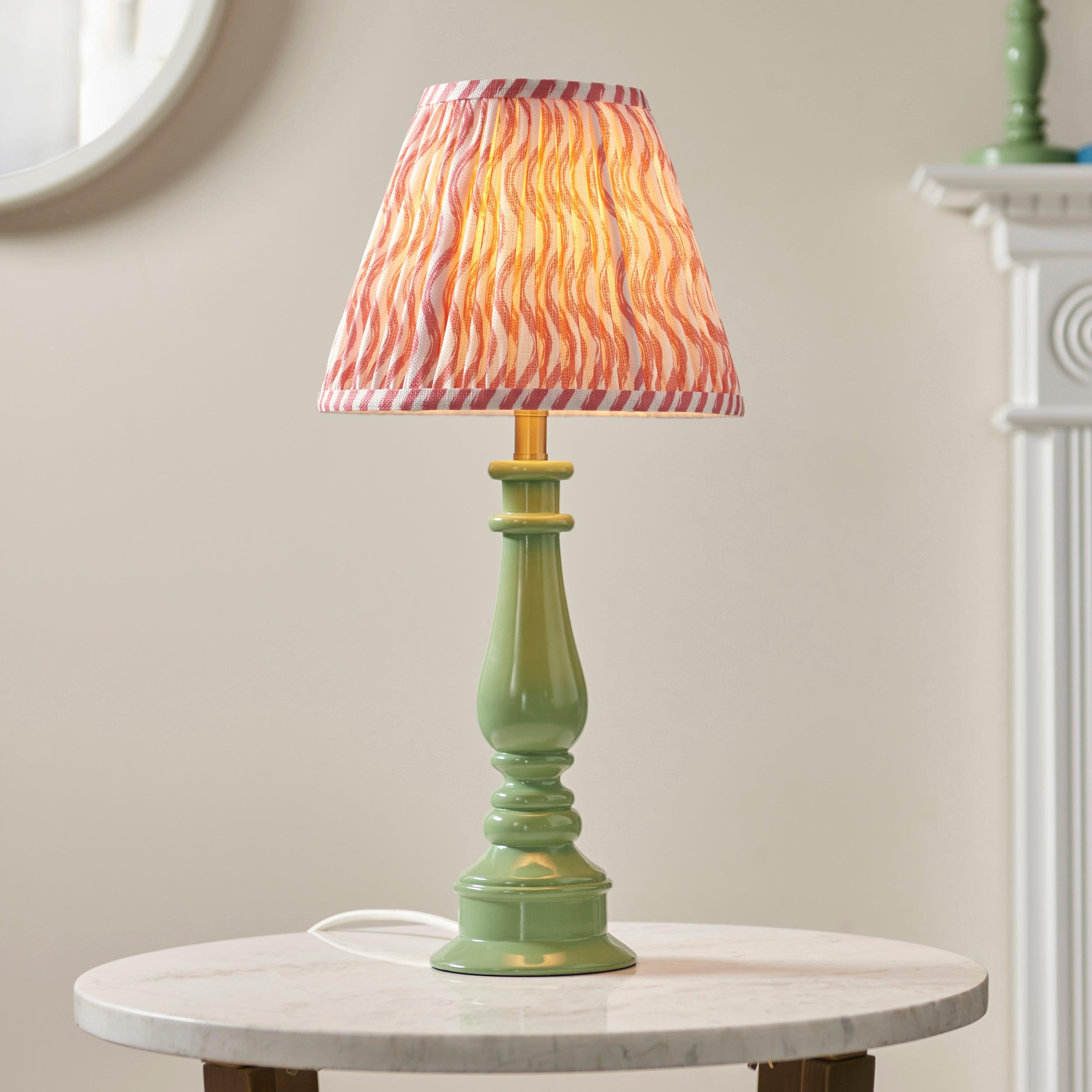 Myrtle Green Table Lamp & Ripple 25cm Coral Pink Shade