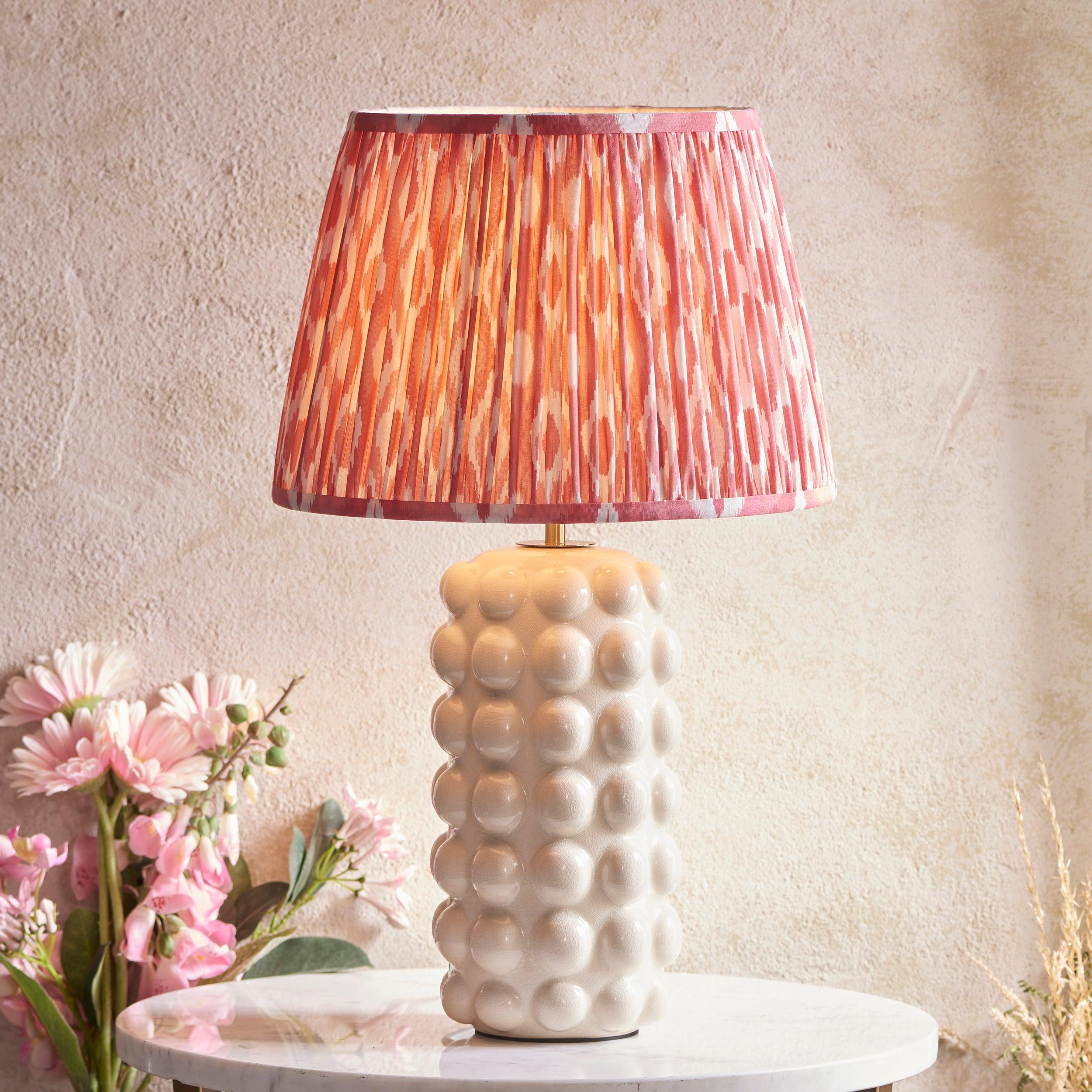 Bobble White Ceramic Table Lamp & Ikat 35cm Coral Pink Shade