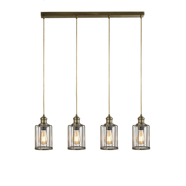 Pipes 4 Light Brass Ceiling Pendant - Seeded Glass -Warehouse Clearance Stock