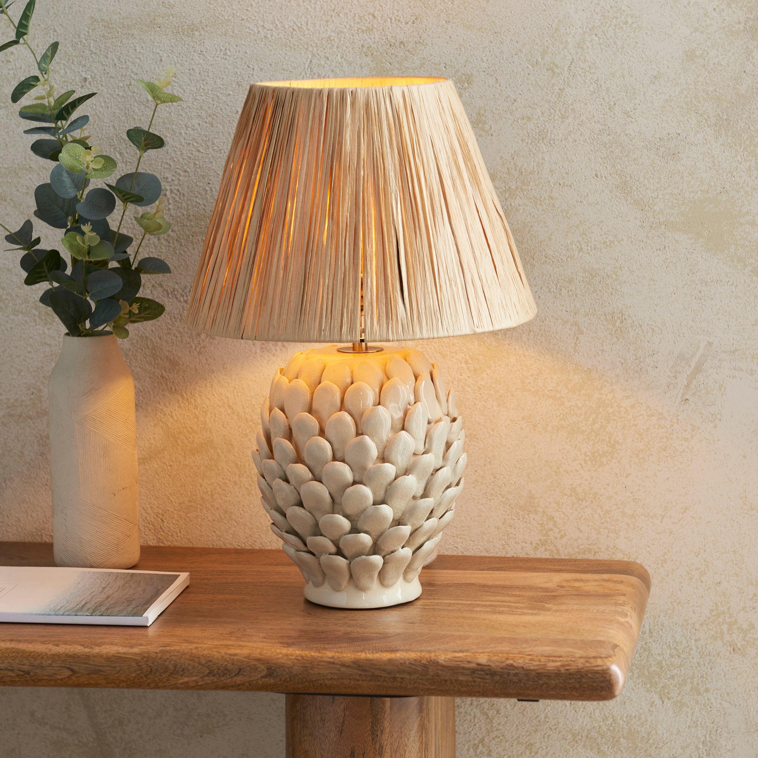 Layered Leaf White Ceramic Table Lamp 30cm Natural Raffia Shade