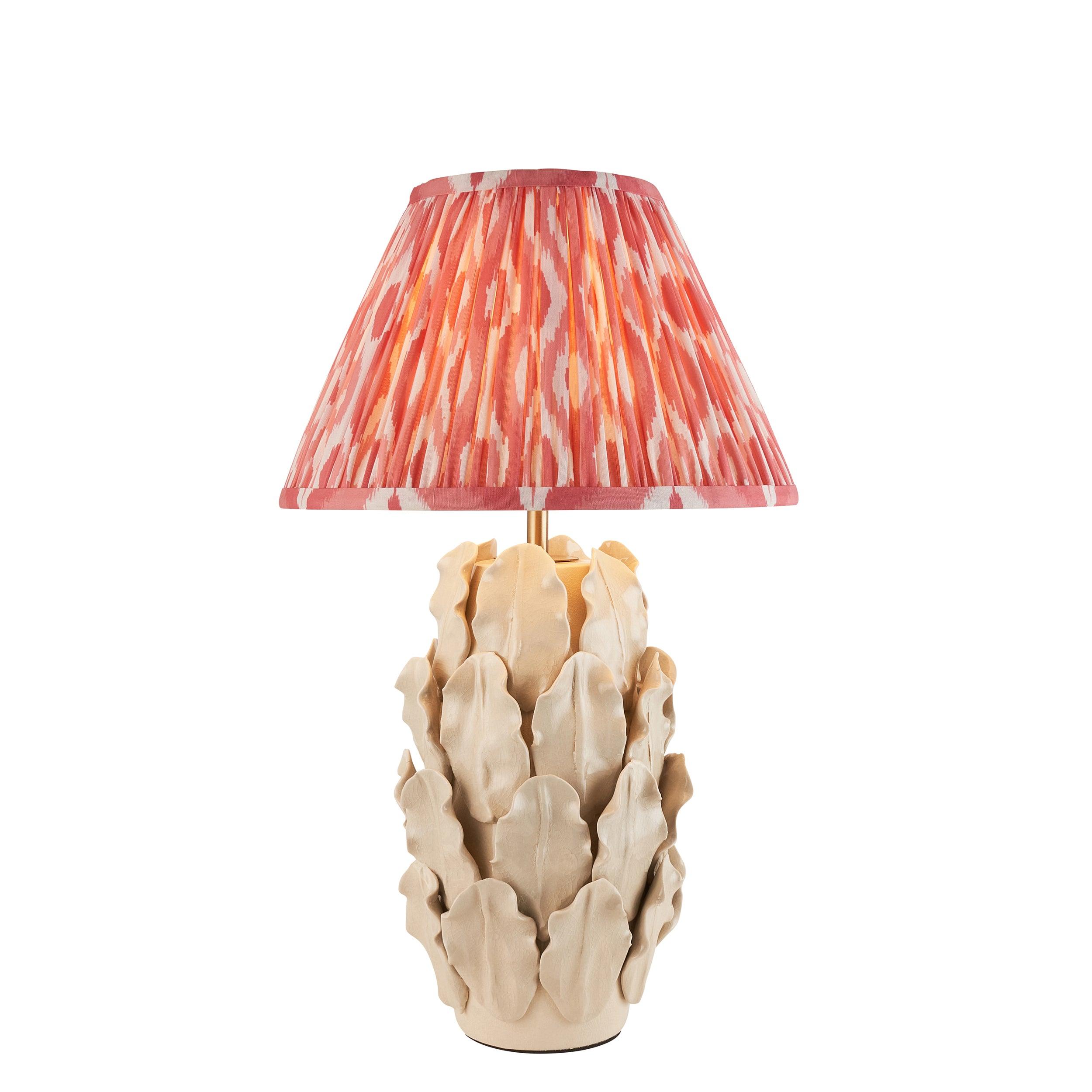 Layered Leaf Ivory Ceramic Table Lamp & Ikat 30cm Coral Pink Shade