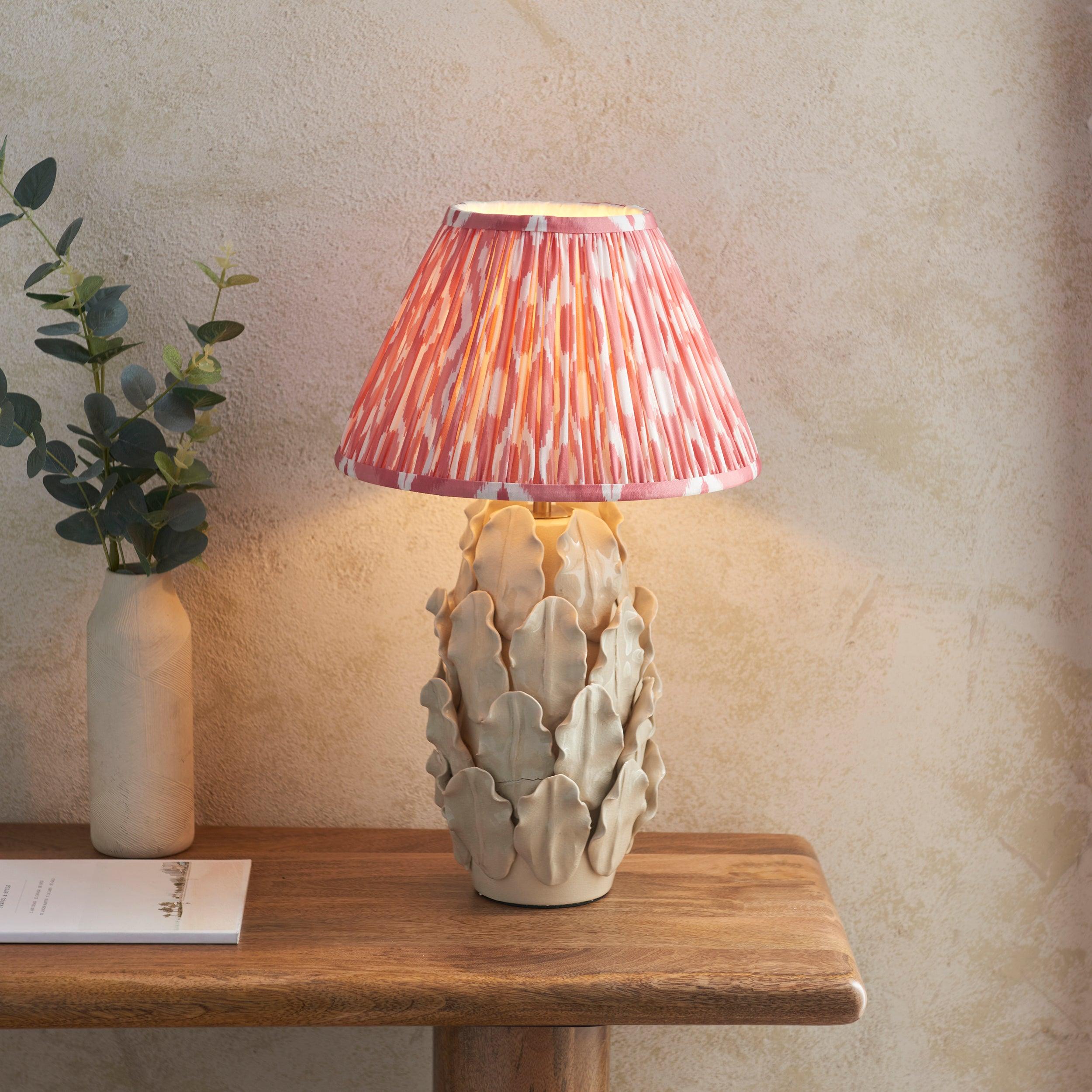 Layered Leaf Ivory Ceramic Table Lamp & Ikat 30cm Coral Pink Shade