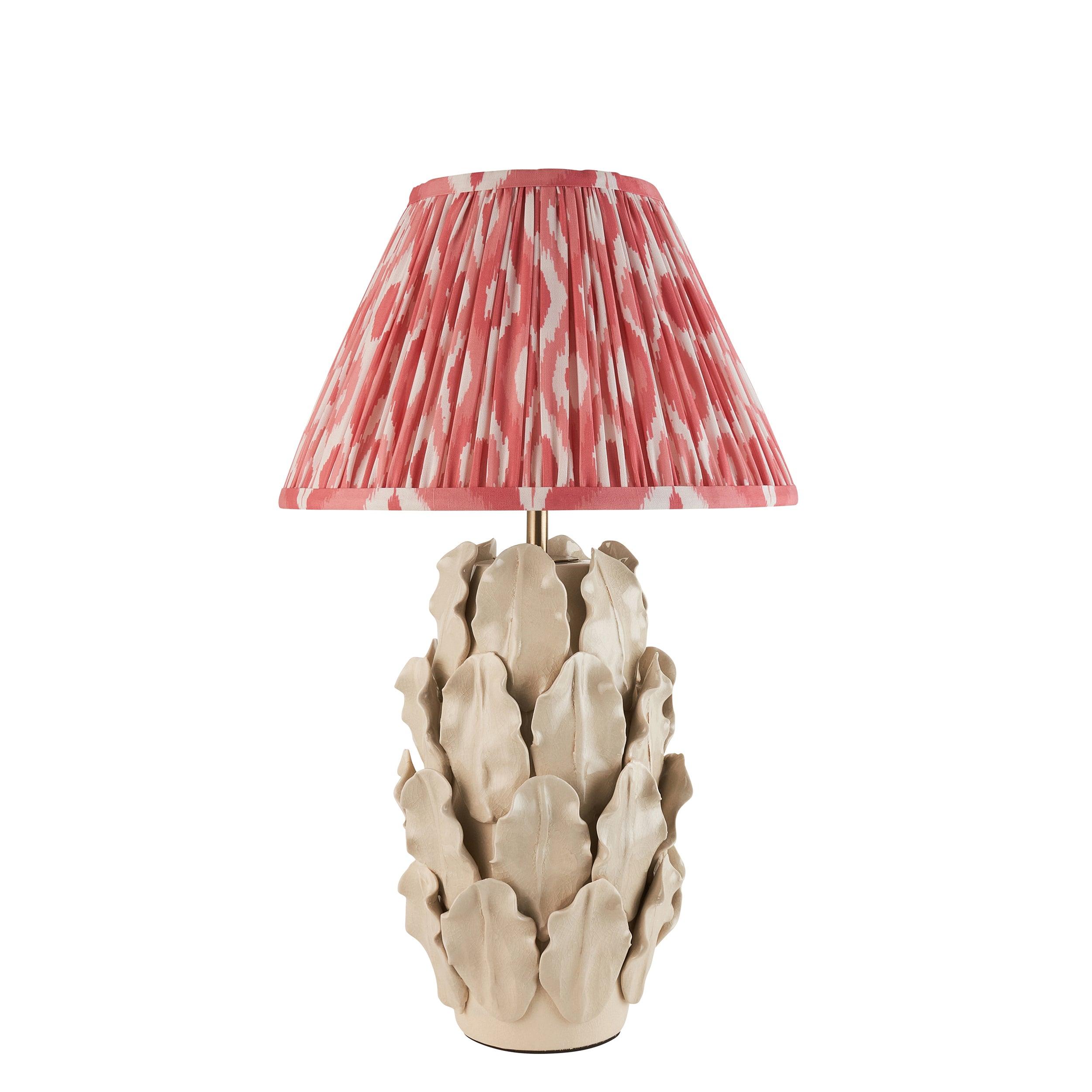 Layered Leaf Ivory Ceramic Table Lamp & Ikat 30cm Coral Pink Shade