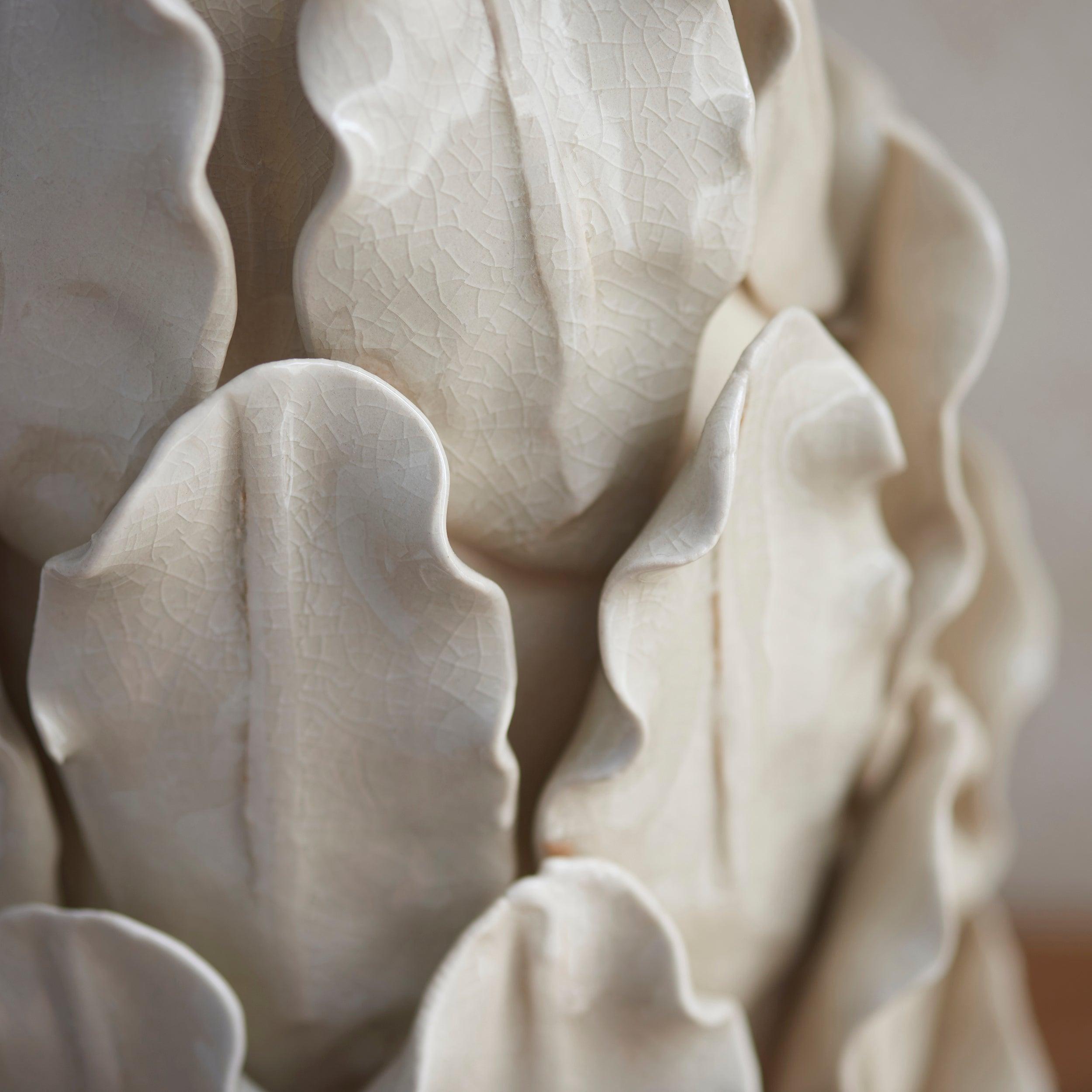 Layered Leaf Ivory Ceramic Table Lamp & Ripple 30cm Pearl Grey Shade