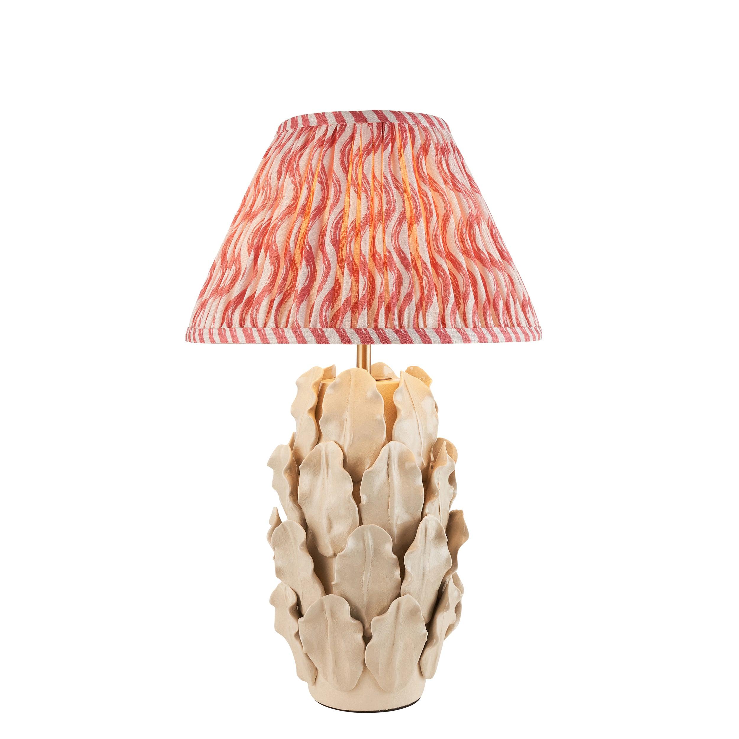 Layered Leaf Ivory Ceramic Table Lamp & Ripple 30cm Coral Pink Shade