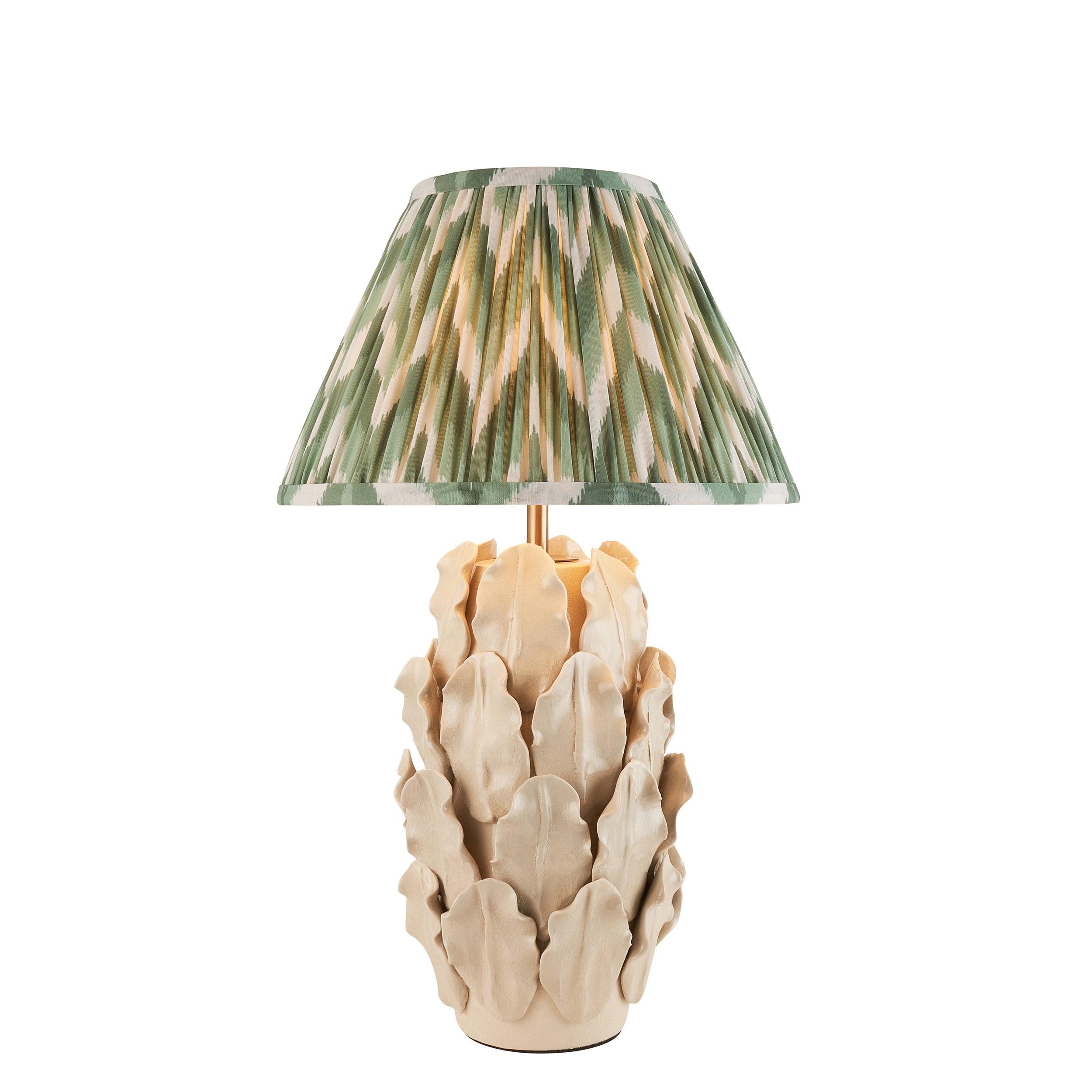 Layered Leaf Ivory Ceramic Table Lamp & Zigzag 30cm Cotswold Green Shade