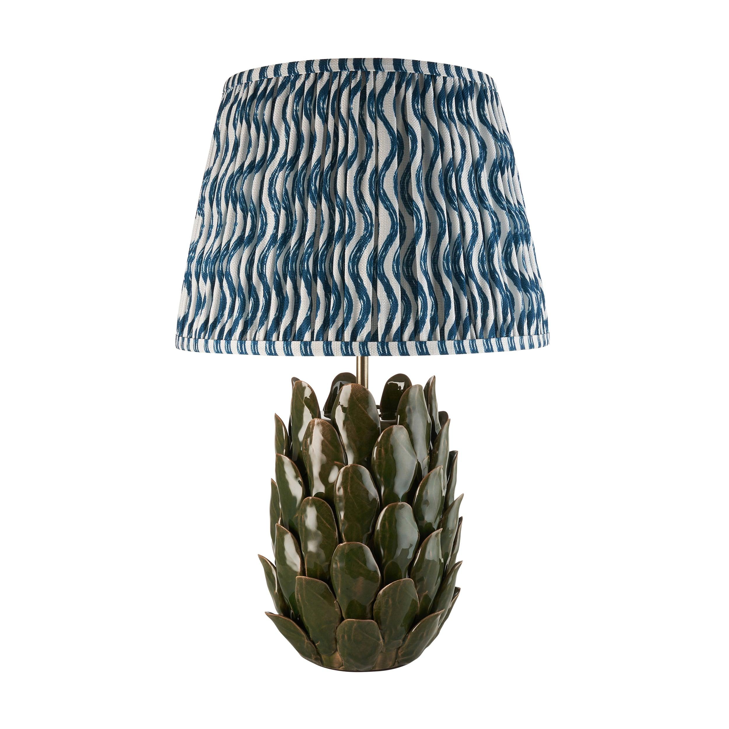 Layered Leaf Green Ceramic Table Lamp & Ripple 35cm Marlin Blue Shade
