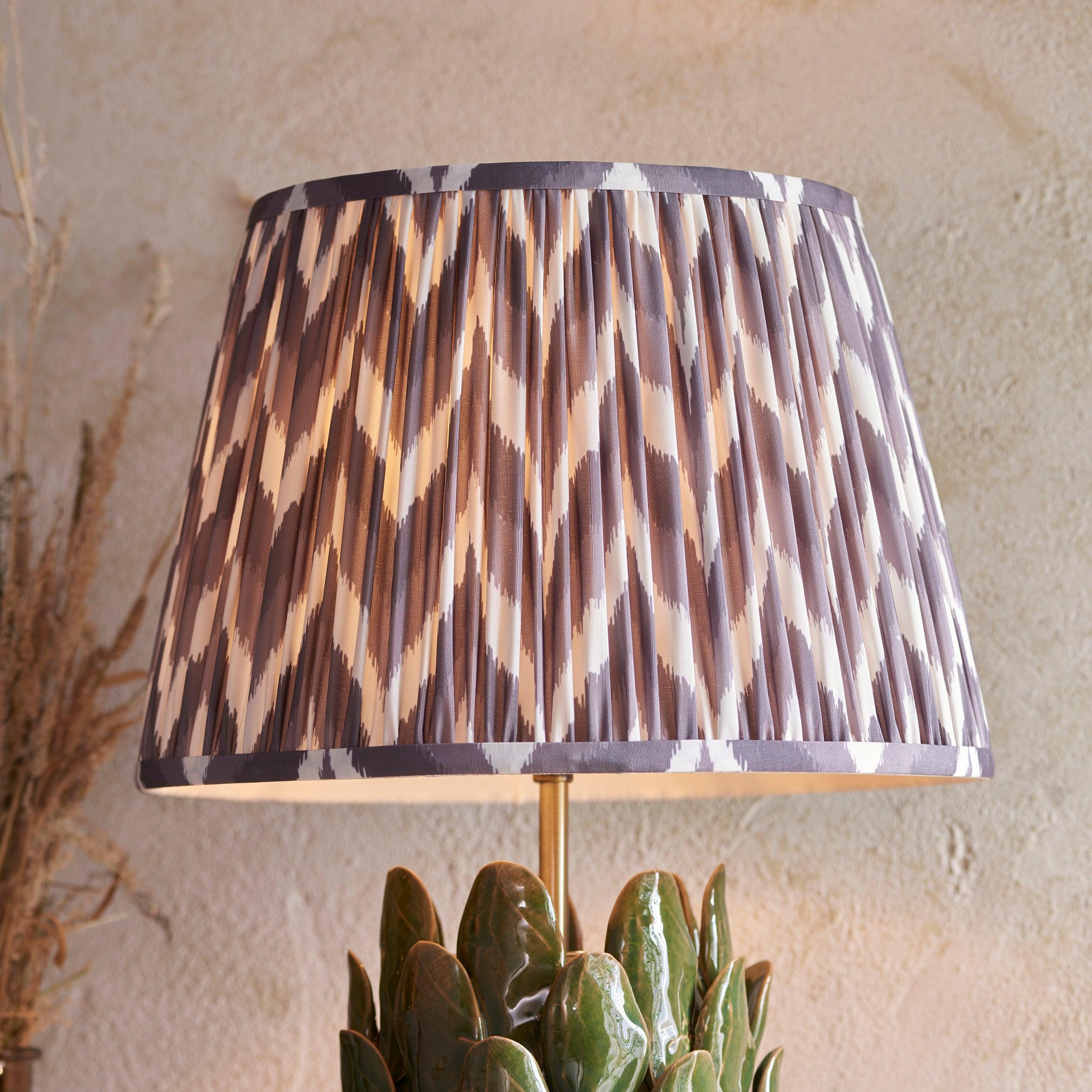 Layered Leaf Green Ceramic Table Lamp & Zigzag 35cm Pearl Grey Shade