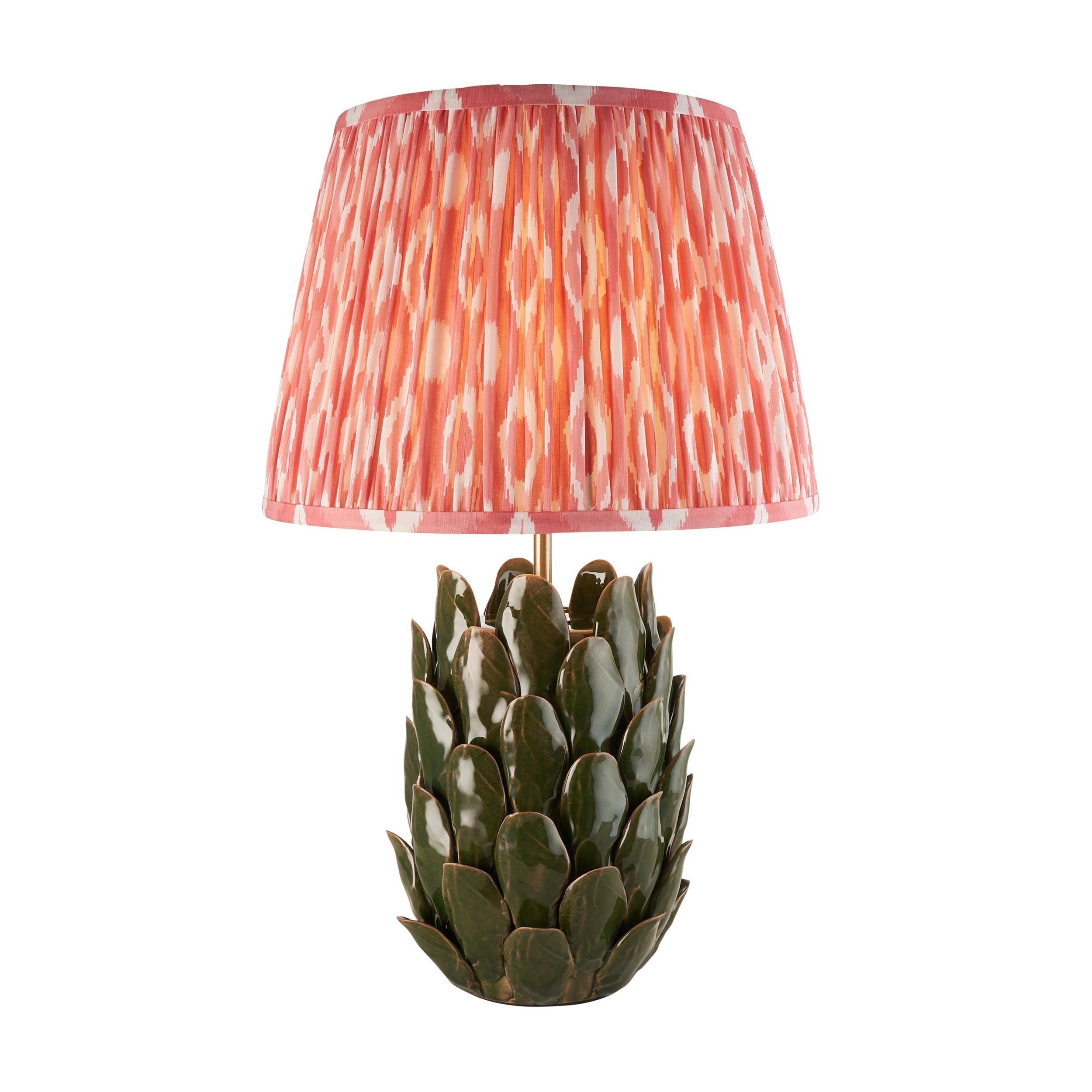 Layered Leaf Green Ceramic Table Lamp & Ikat 35cm Coral Pink Shade