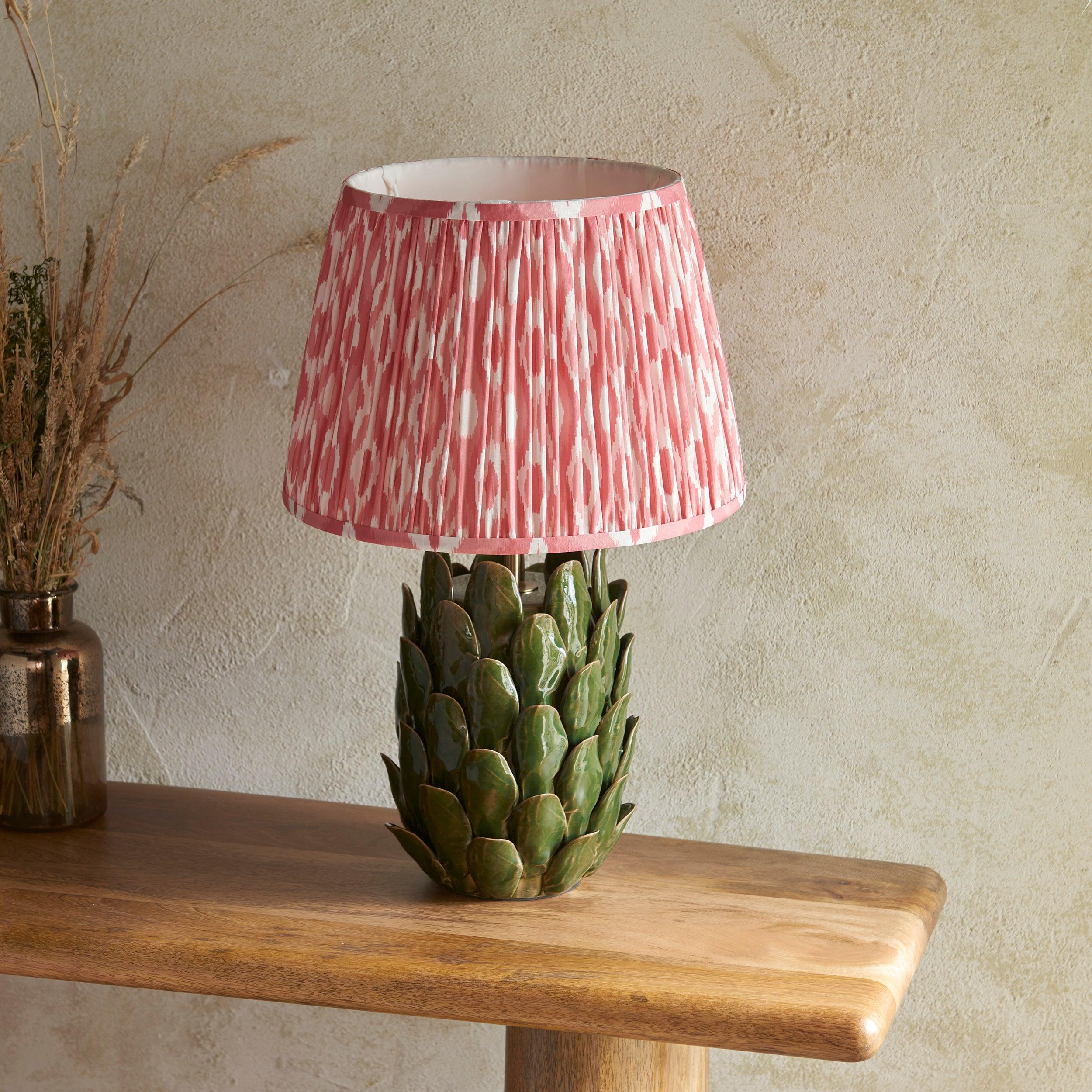 Layered Leaf Green Ceramic Table Lamp & Ikat 35cm Coral Pink Shade