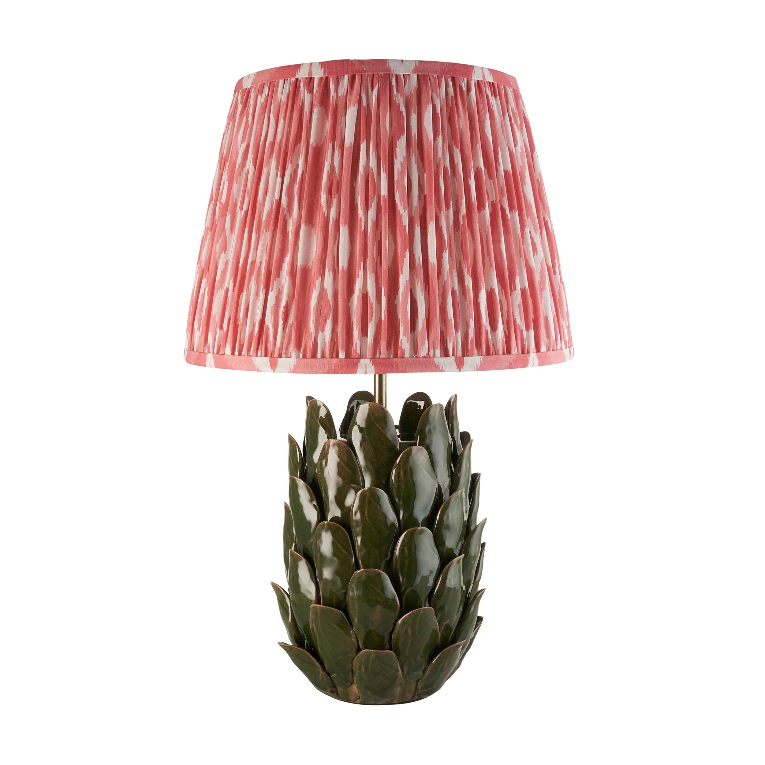 Layered Leaf Green Ceramic Table Lamp & Ikat 35cm Coral Pink Shade