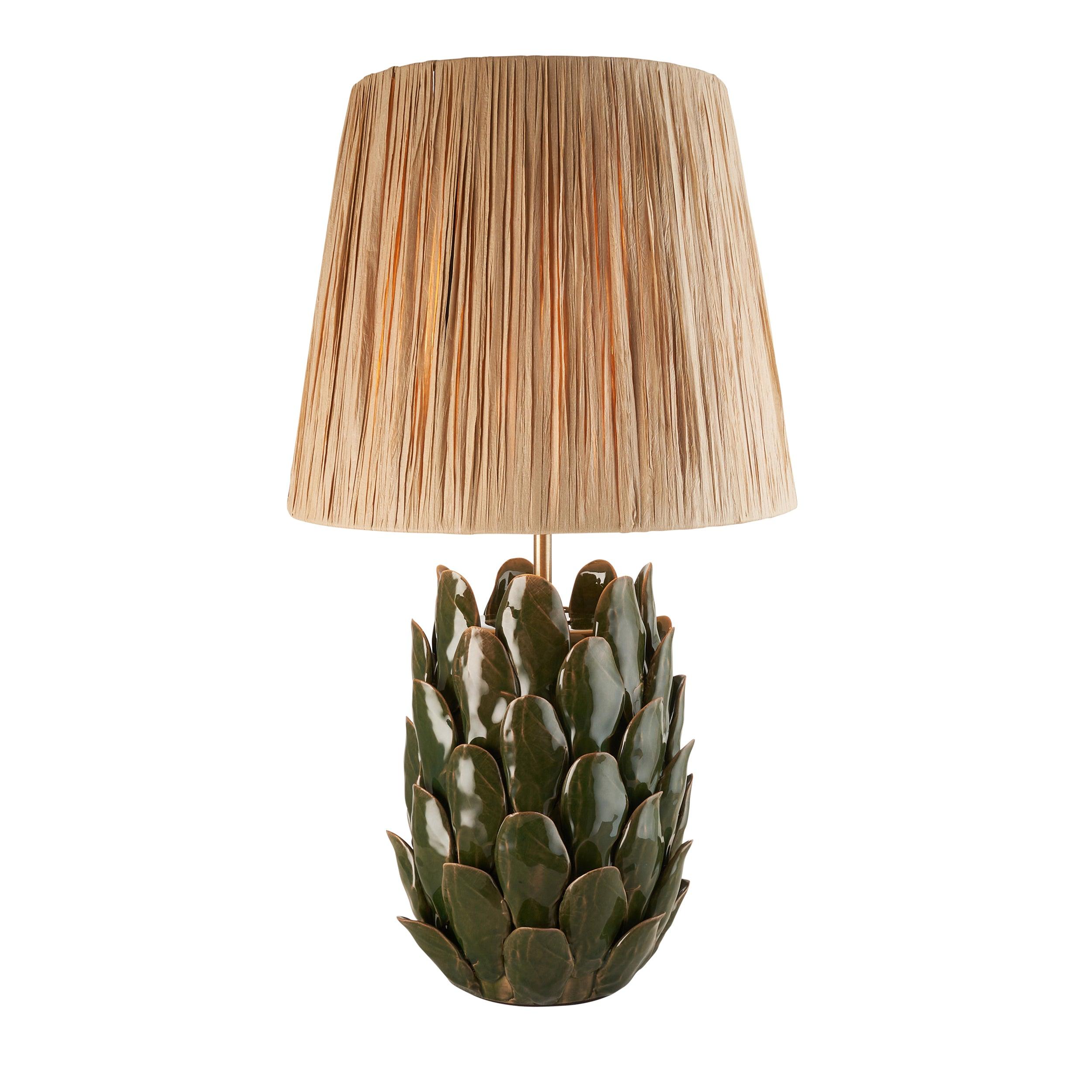 Layered Leaf Green Ceramic Table Lamp & Raffia 32cm Natural Raffia Shade