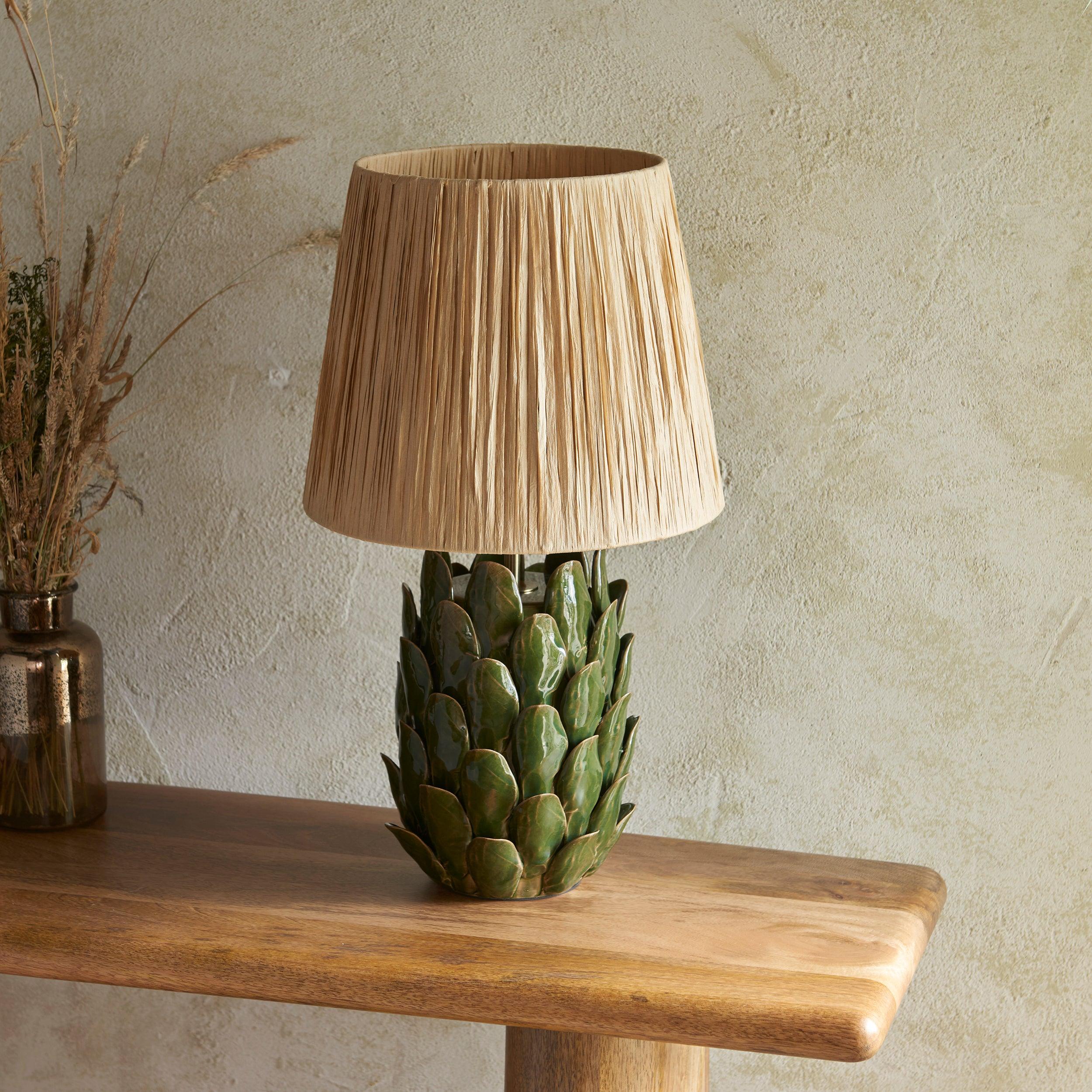 Layered Leaf Green Ceramic Table Lamp & Raffia 32cm Natural Raffia Shade
