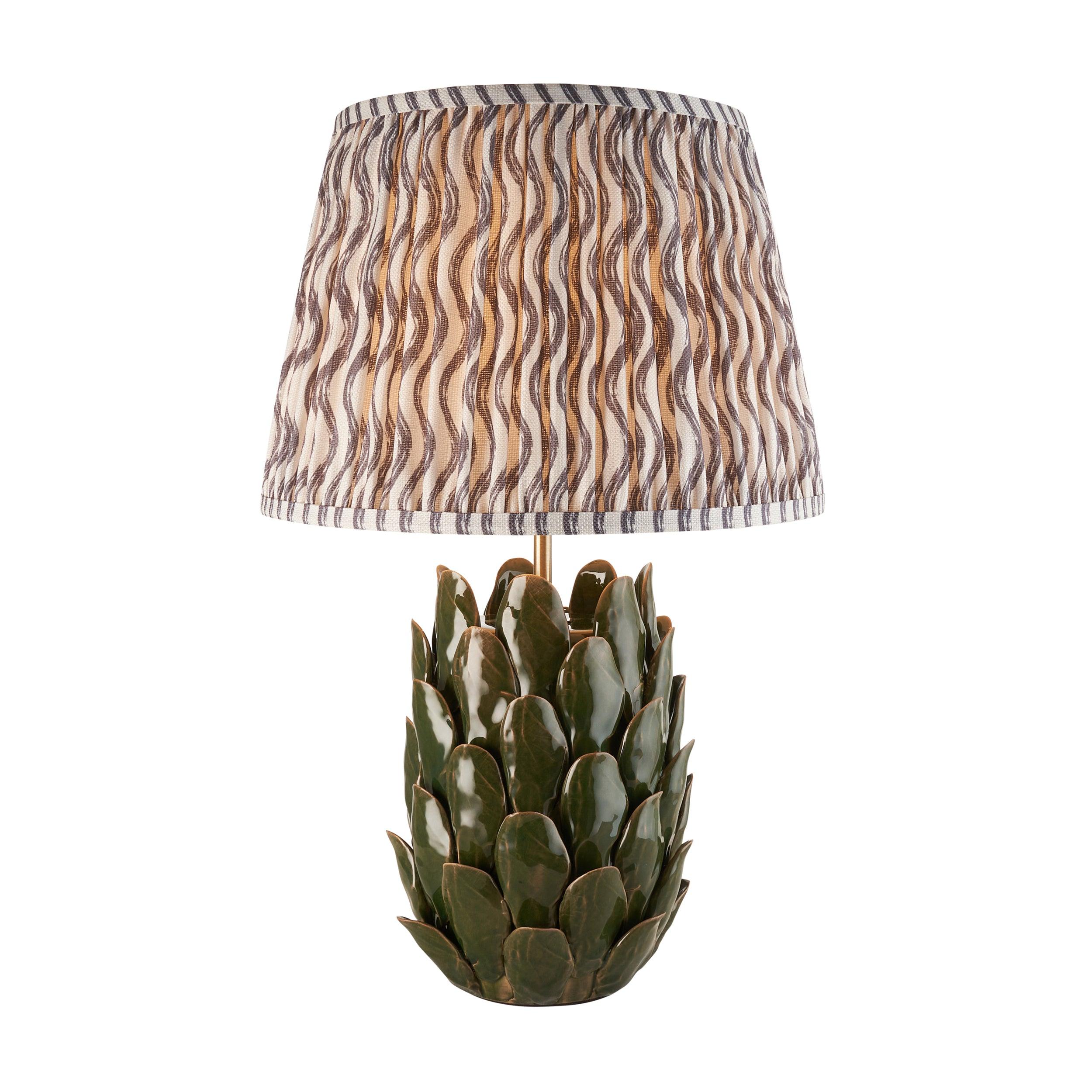 Layered Leaf Green Ceramic Table Lamp & Ripple 35cm Pearl Grey Shade