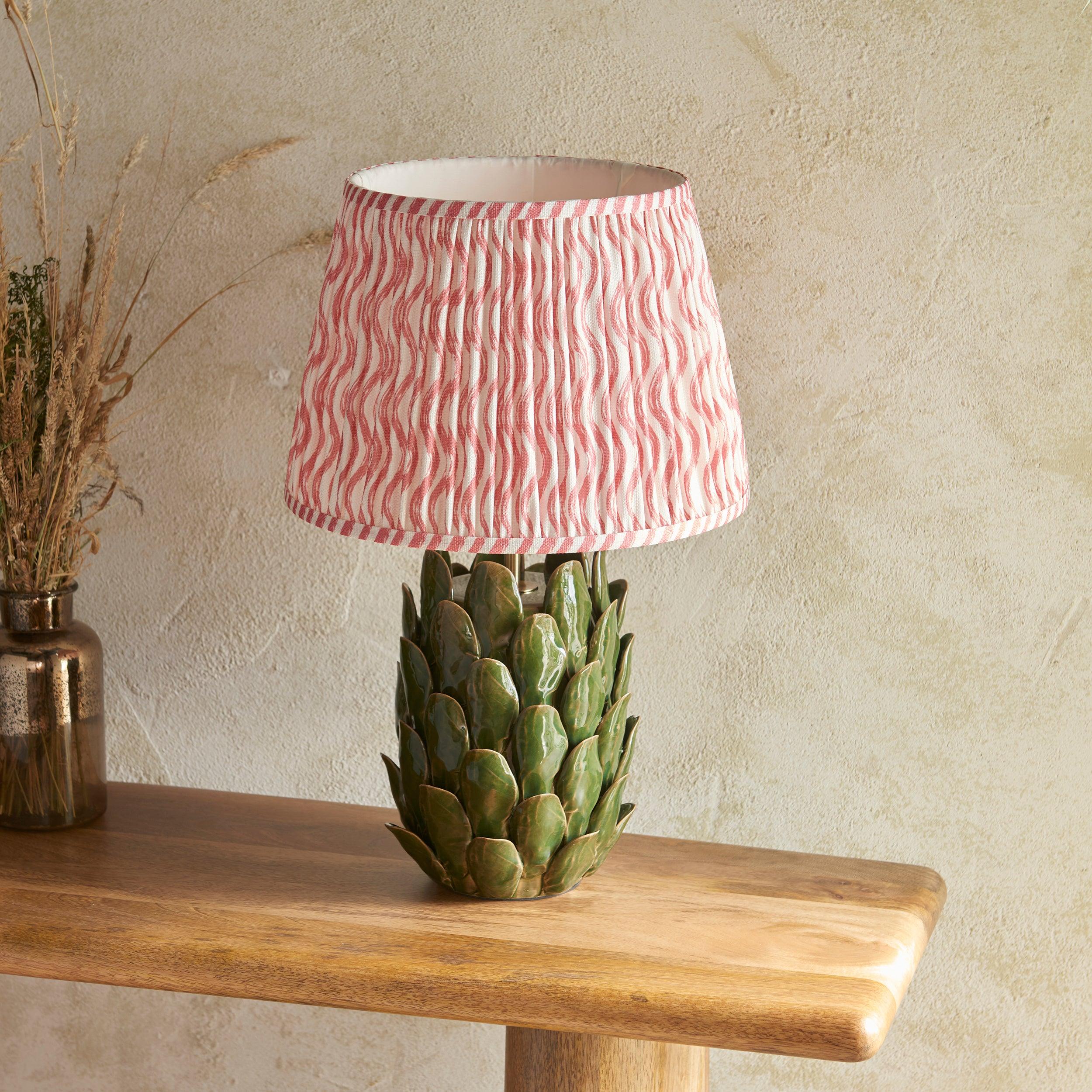 Layered Leaf Green Ceramic Table Lamp & Ripple 35cm Coral Pink Shade