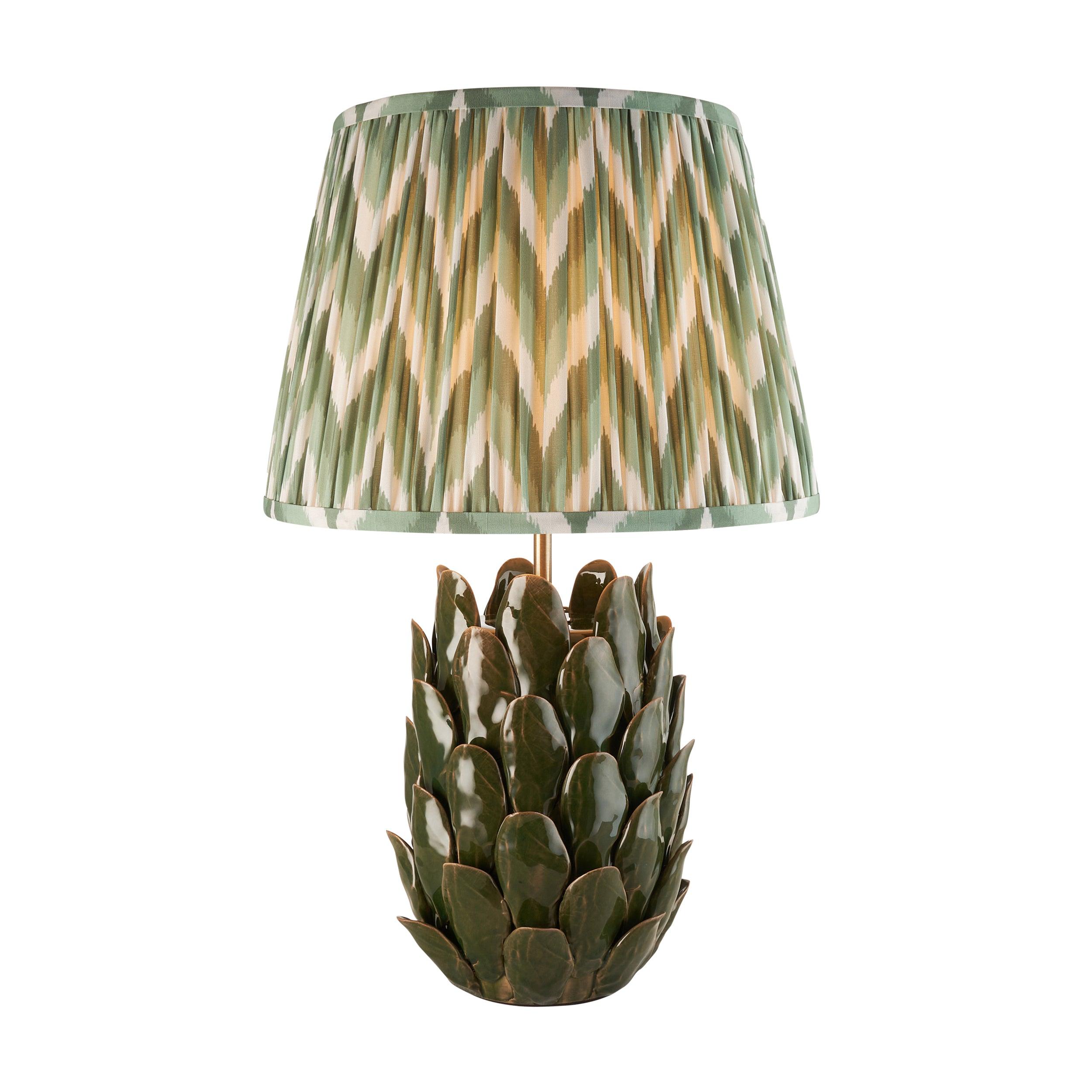 Layered Leaf Green Ceramic Table Lamp & Zigzag 35cm Cotswold Green Shade
