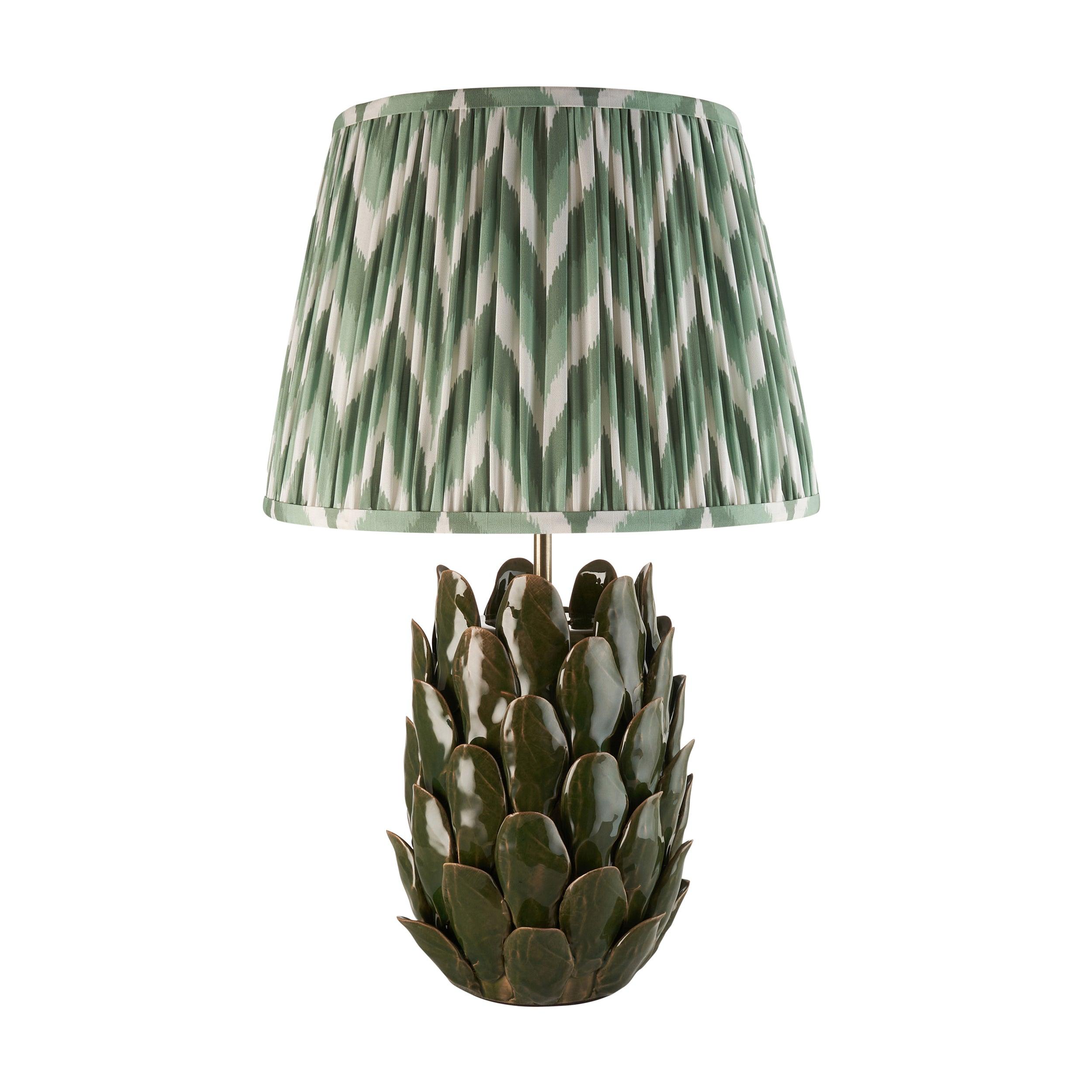 Layered Leaf Green Ceramic Table Lamp & Zigzag 35cm Cotswold Green Shade