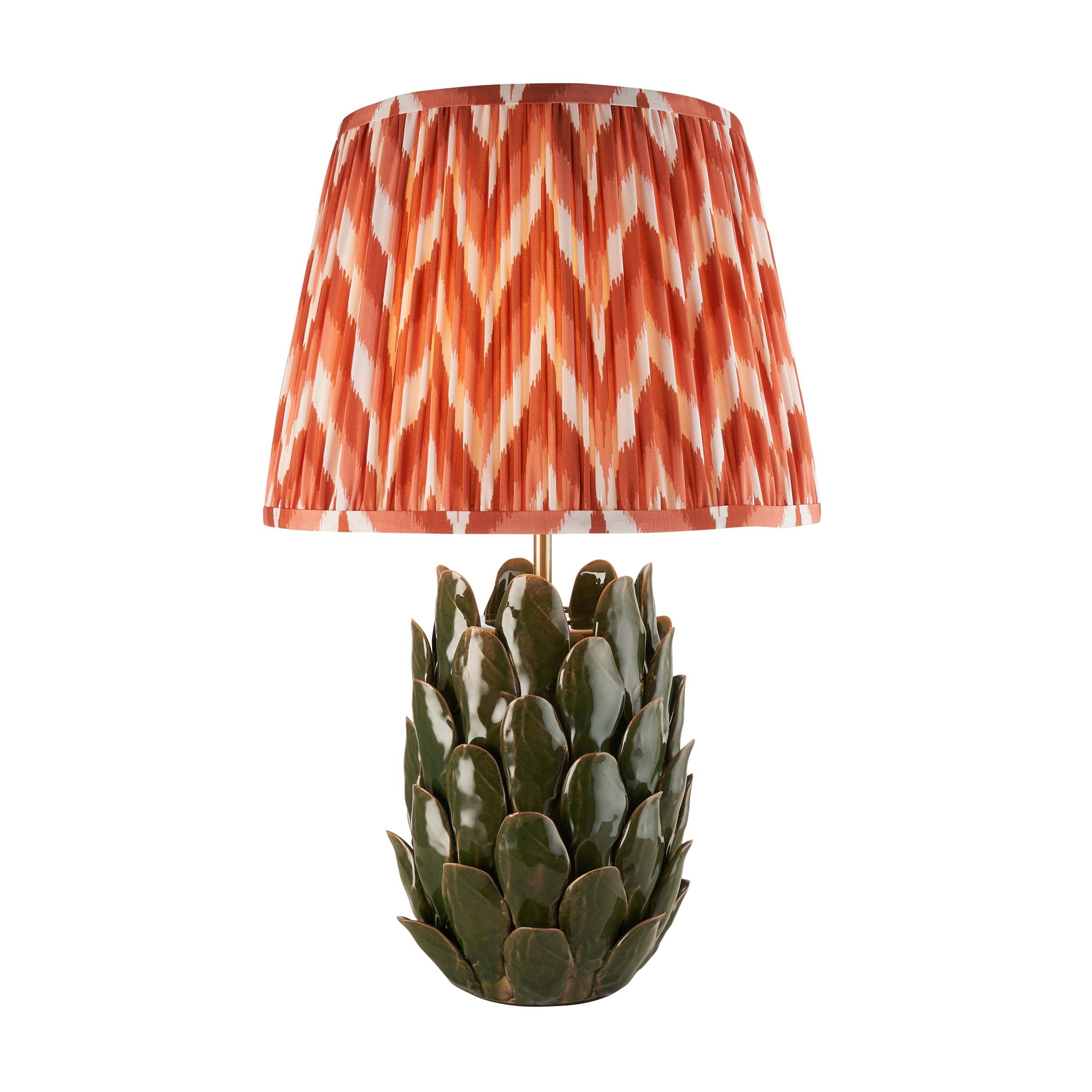 Layered Leaf Green Ceramic Table Lamp & Zigzag 35cm Apricot Orange Shade