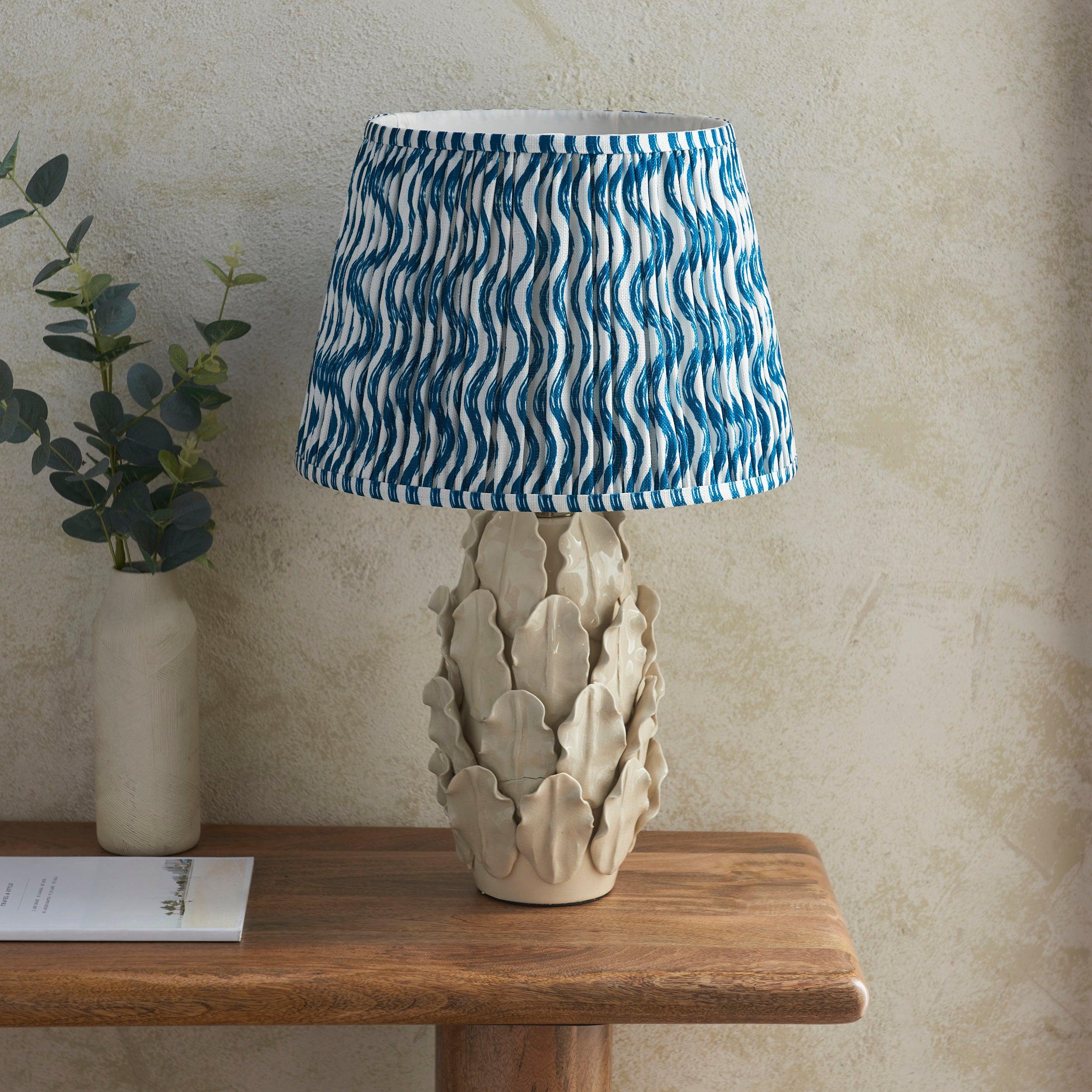 Layered Leaf Ivory Ceramic Table Lamp & Ripple 35cm Marlin Blue Shade