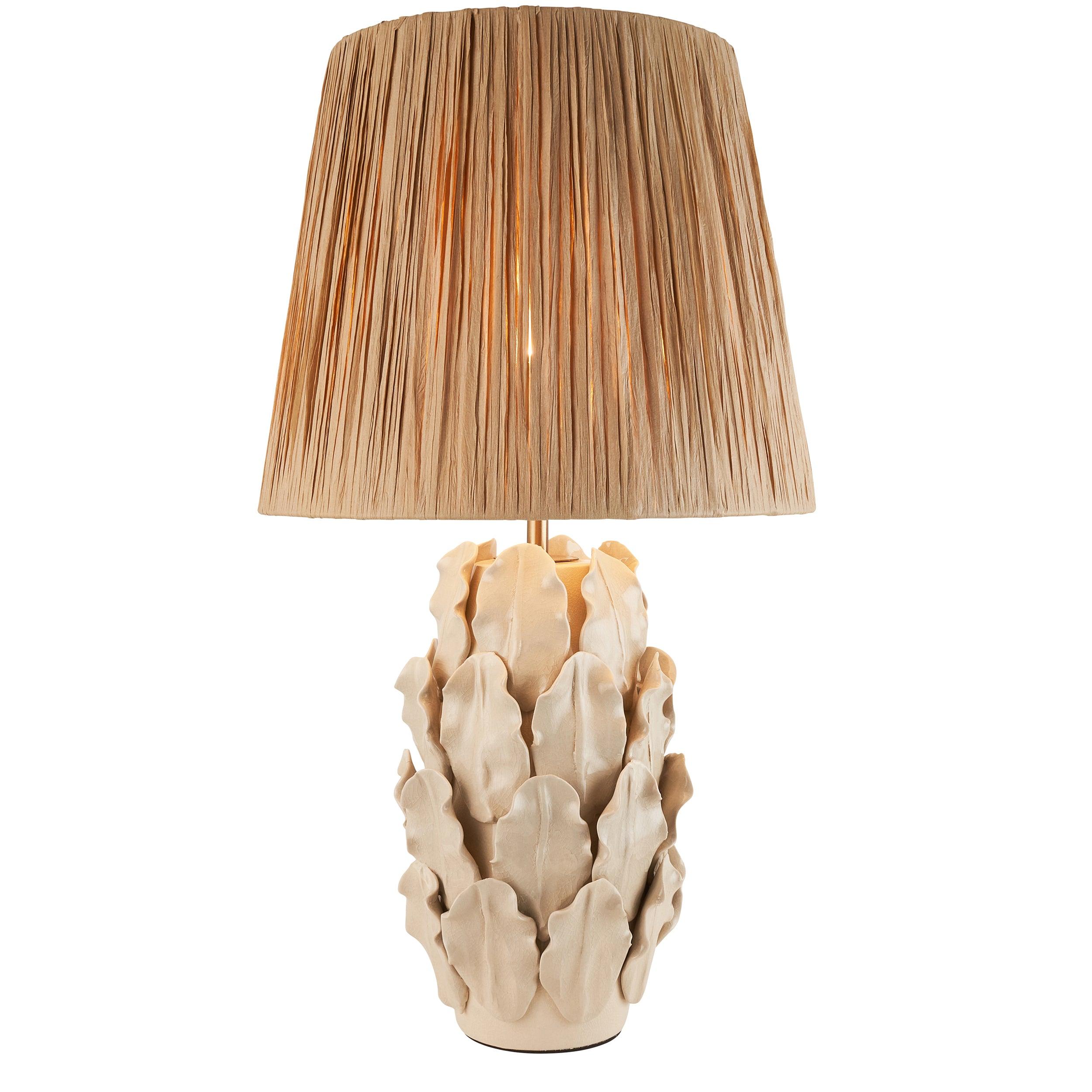 Layered Leaf Ivory Ceramic Table Lamp & Raffia 32cm Natural Raffia Shade