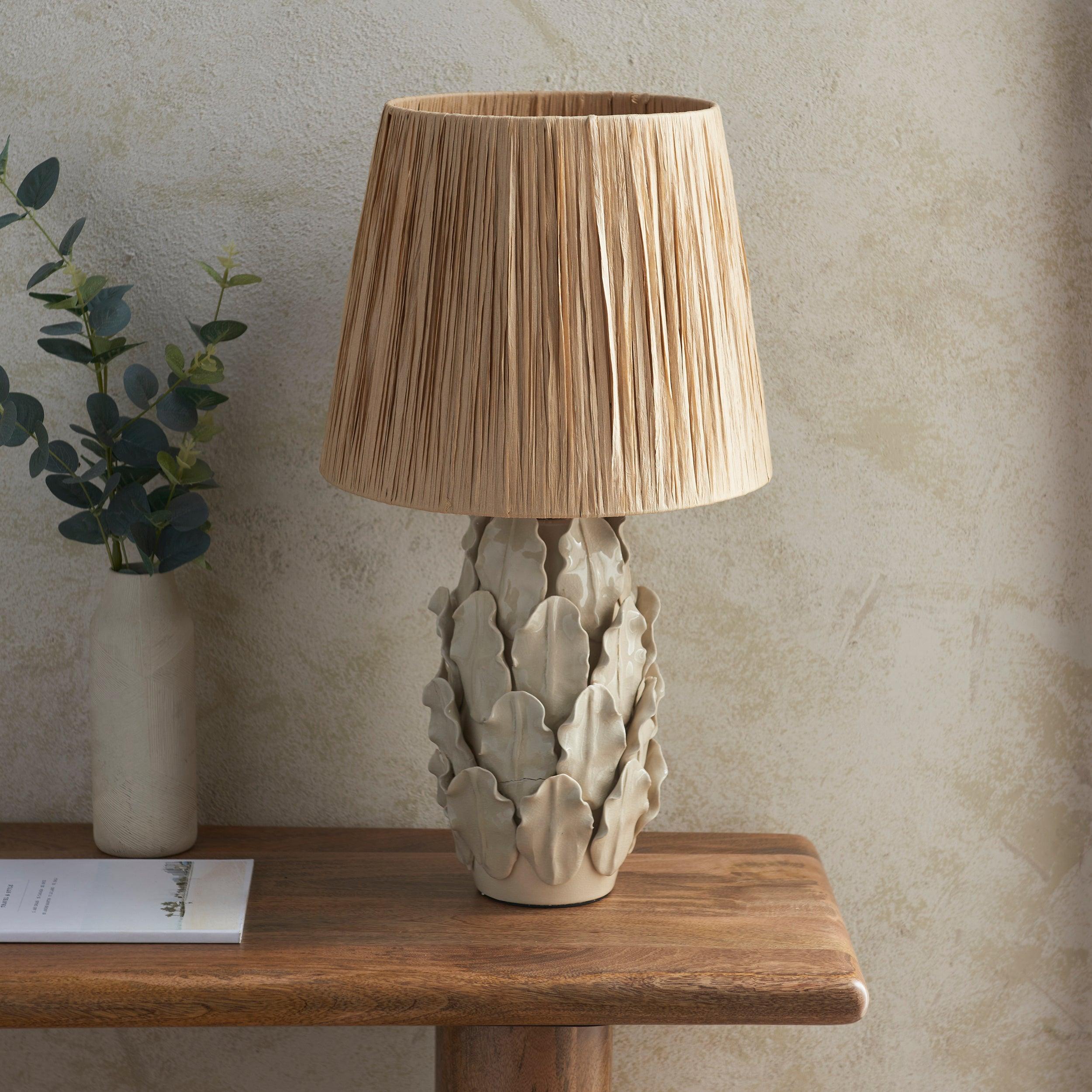 Layered Leaf Ivory Ceramic Table Lamp & Raffia 32cm Natural Raffia Shade