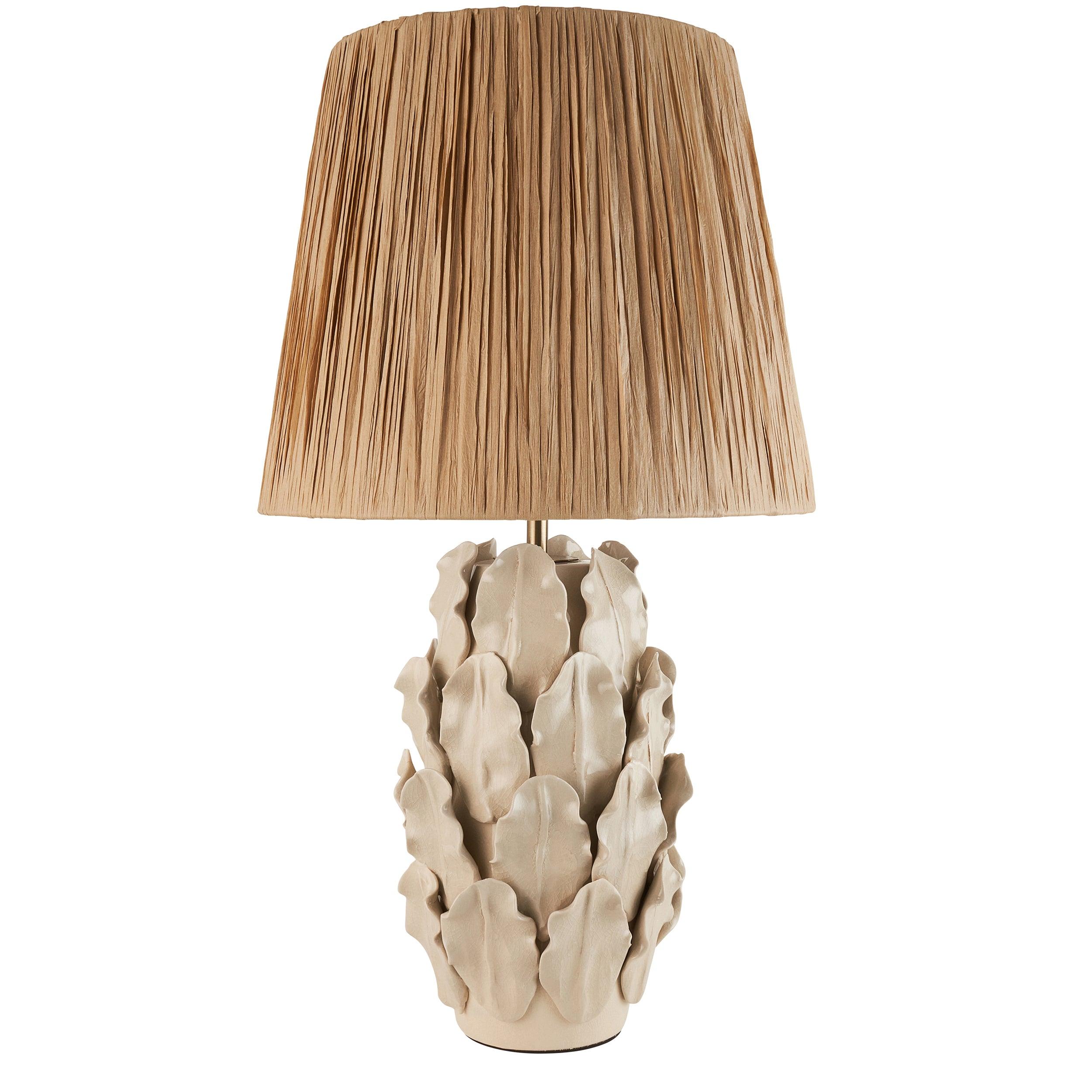 Layered Leaf Ivory Ceramic Table Lamp & Raffia 32cm Natural Raffia Shade