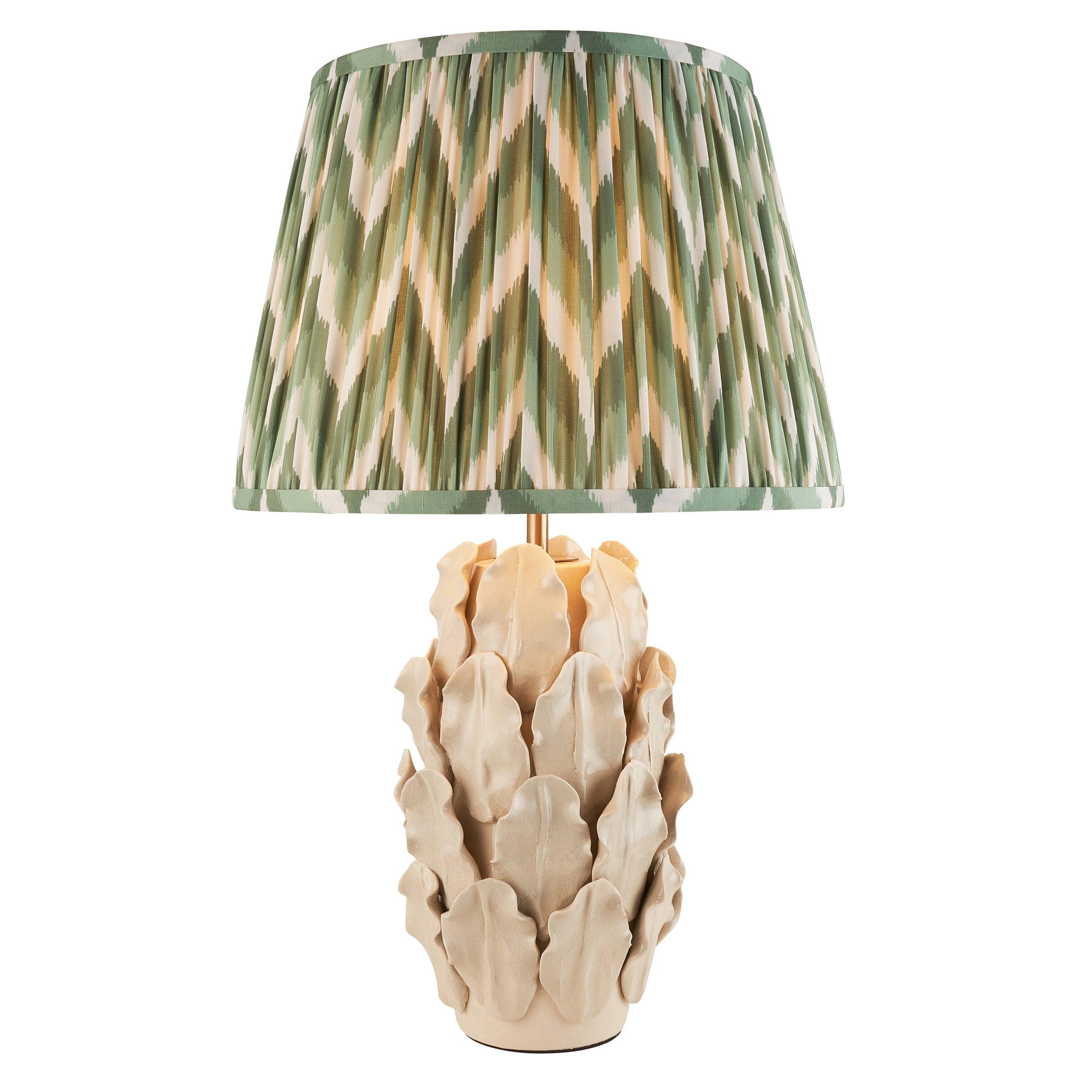 Layered Leaf Ivory Ceramic Table Lamp & Zigzag 35cm Cotswold Green Shade