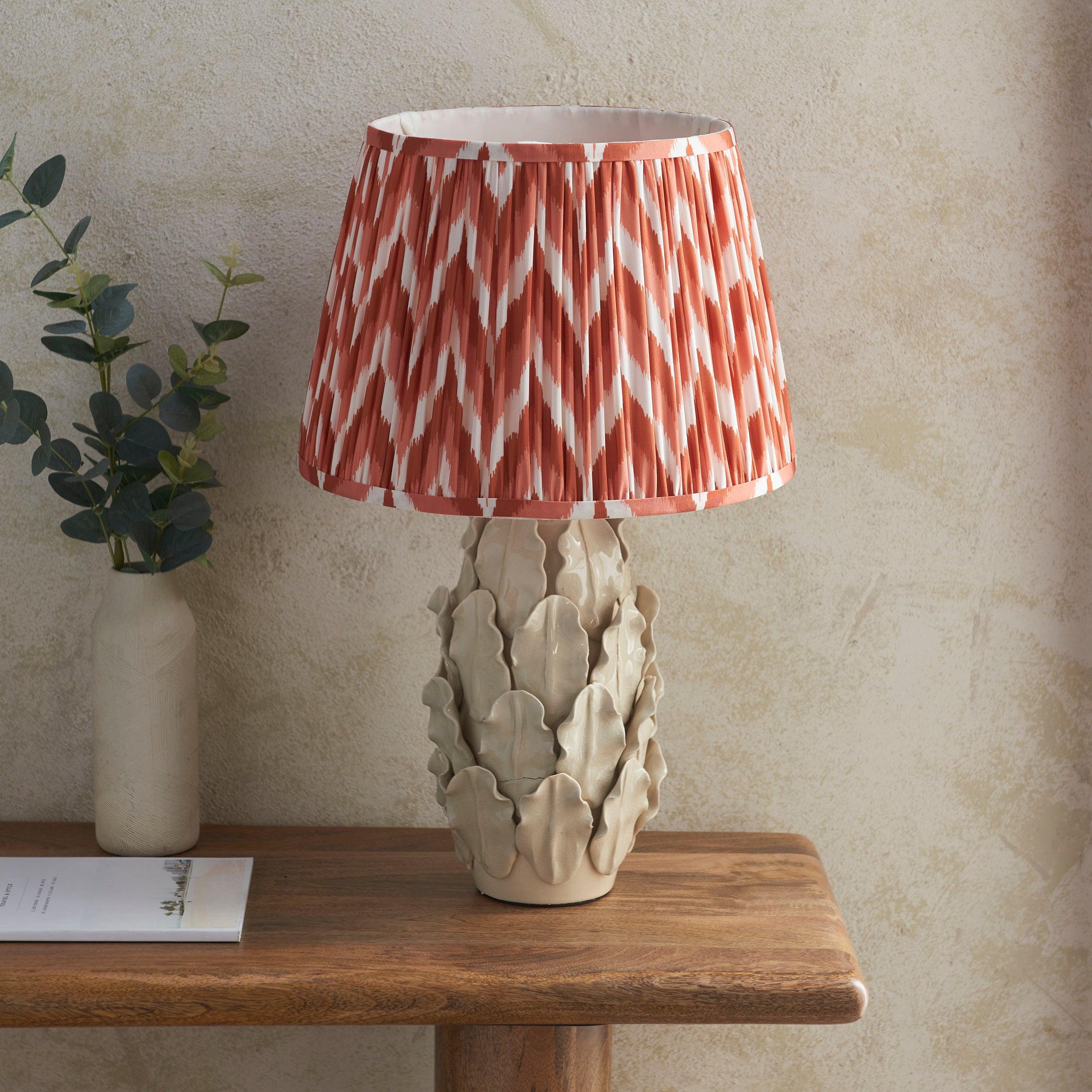 Layered Leaf Ivory Ceramic Table Lamp & Zigzag 35cm Apricot Orange Shade
