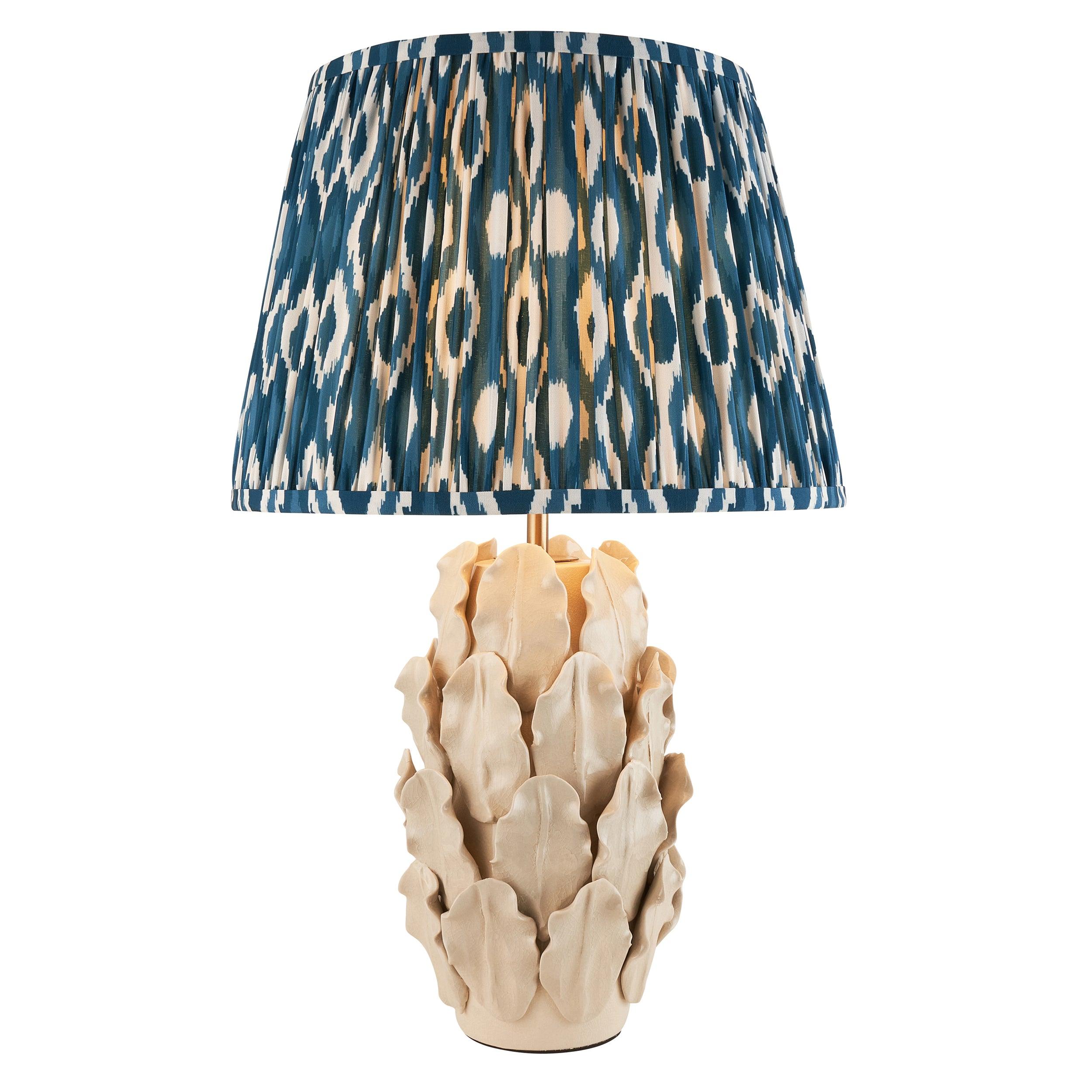 Layered Leaf Ivory Ceramic Table Lamp & Ikat 35cm Marlin Blue Shade
