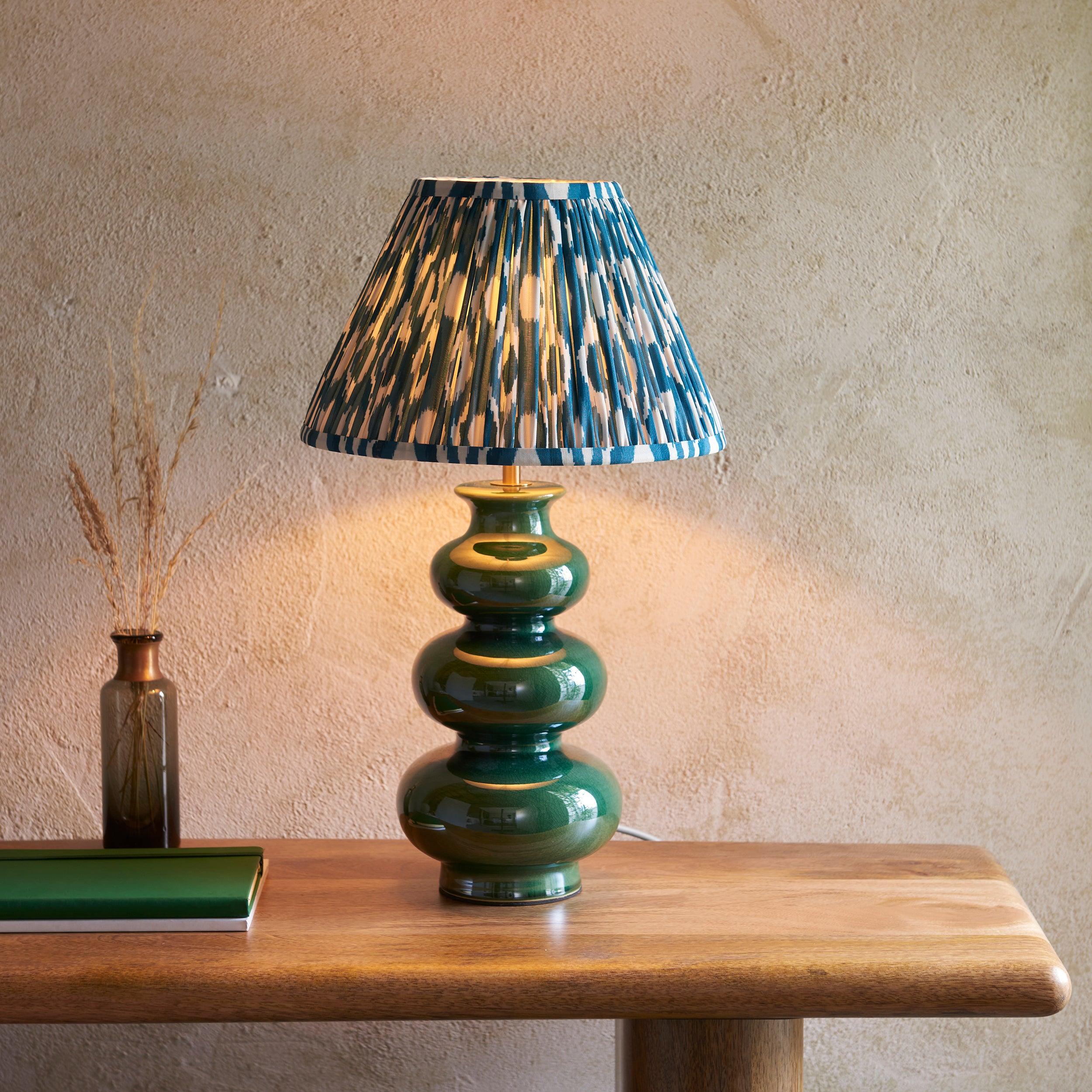 Monroe Green Ceramic Table Lamp & Ikat 30cm Marlin Blue Shade