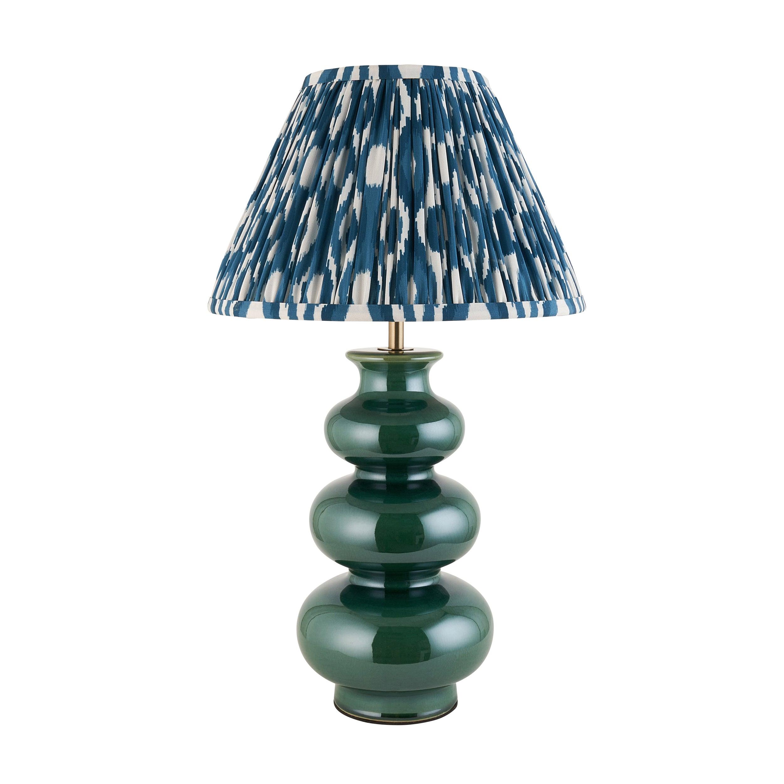 Monroe Green Ceramic Table Lamp & Ikat 30cm Marlin Blue Shade