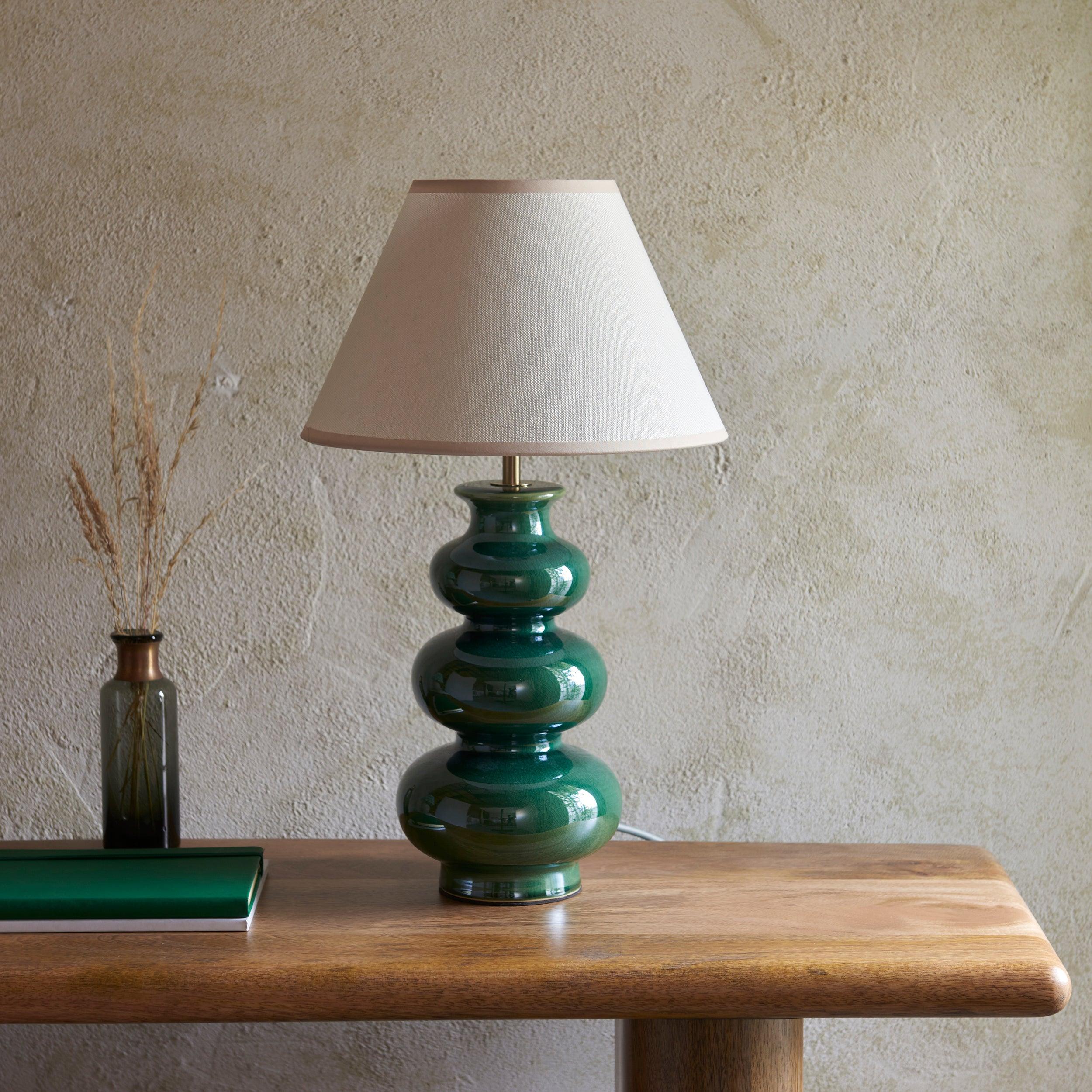 Monroe Green Ceramic Table Lamp & Ivy 30cm Vintage White Shade