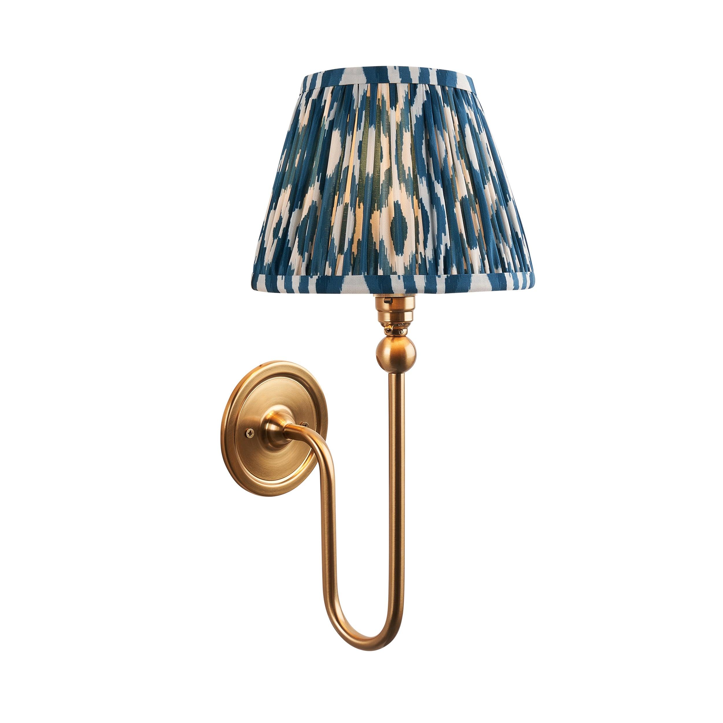 Santiago Long Line Brass Wall Light With 20cm Blue Ikat Shade