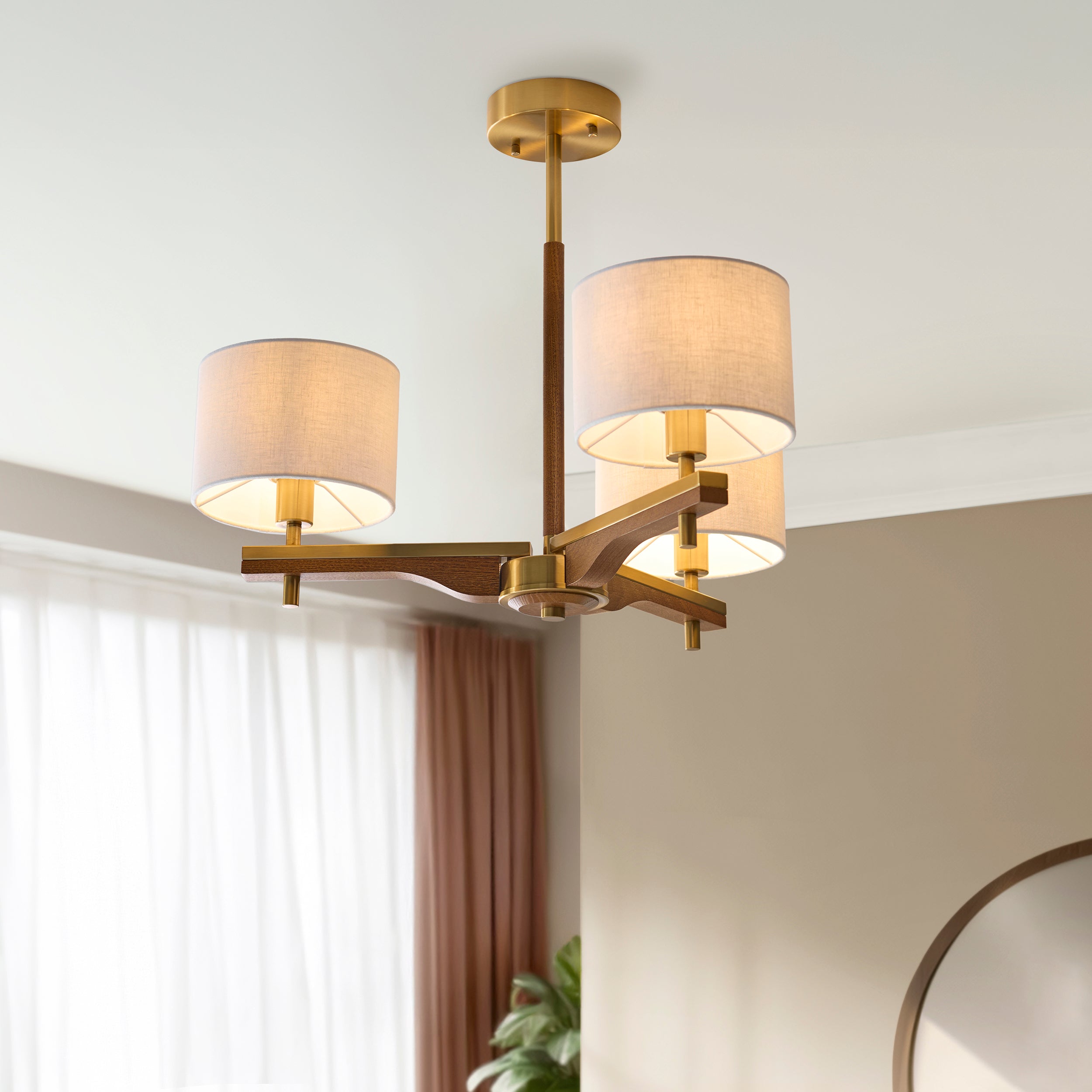 Heathcliff 3 Arm Solid Wood & Brass Semi Flush Ceiling Light