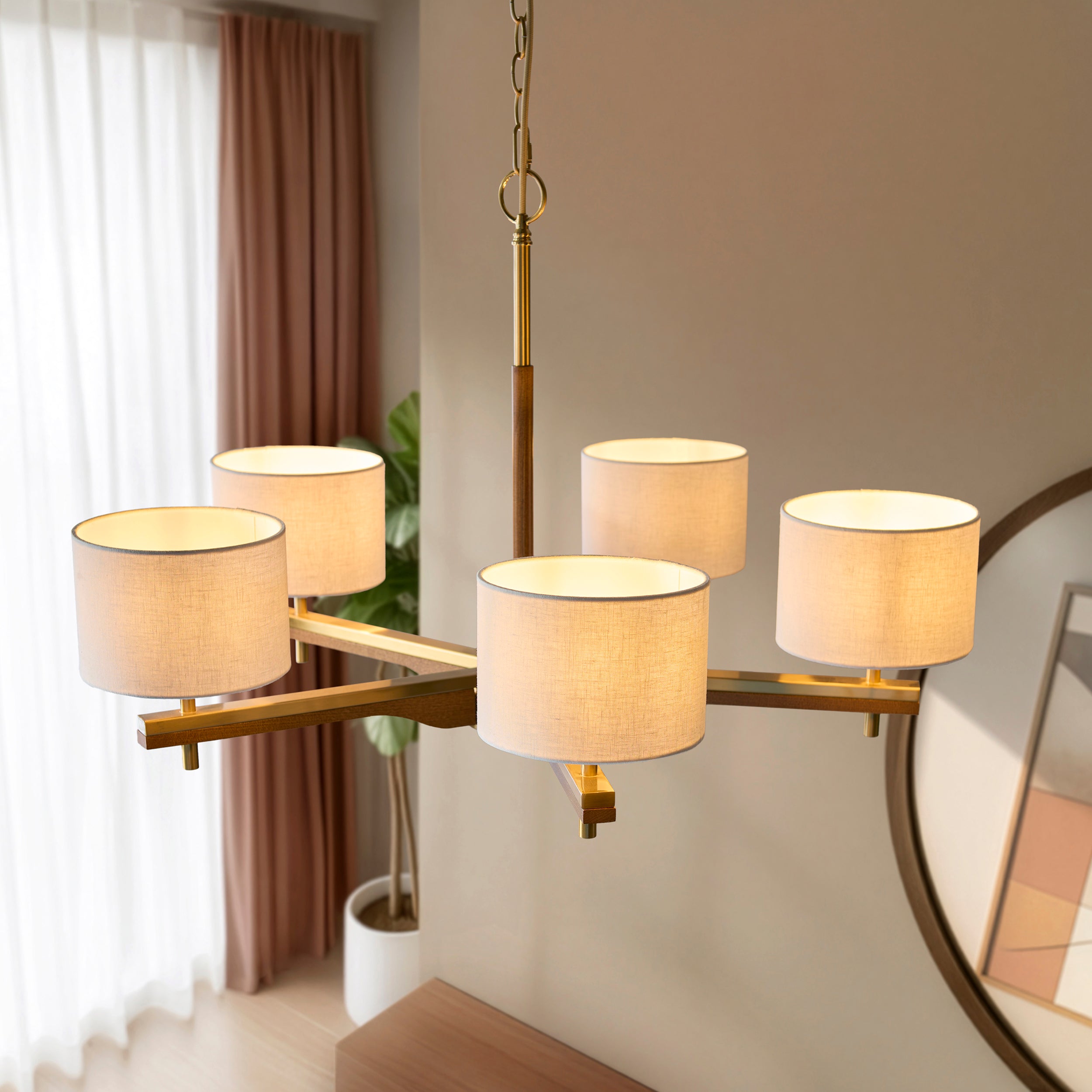 Heathcliff 5 Arm Solid Wood & Brass Pendant Ceiling Light