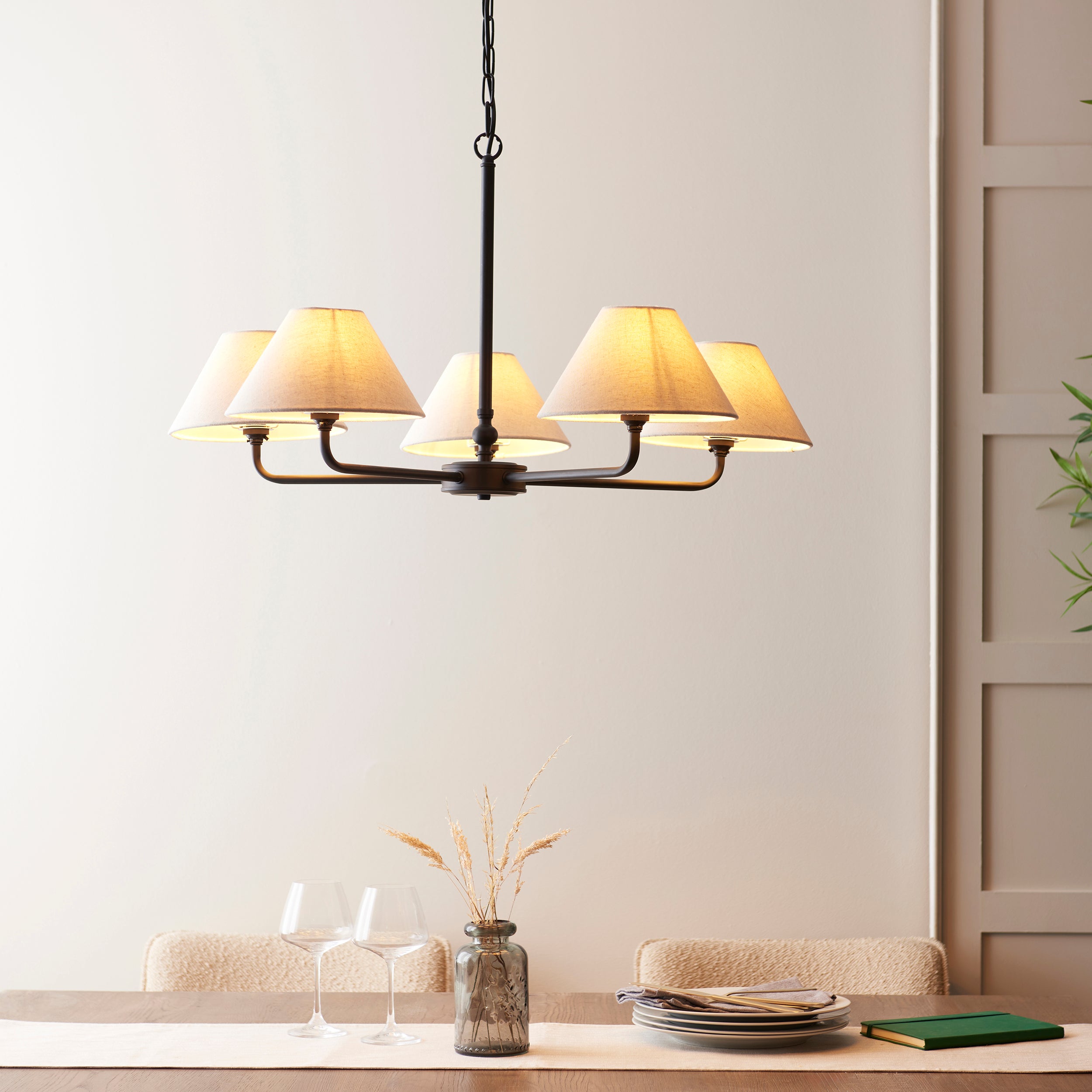 Lille Black 5 Light Pendant - Linen Shade